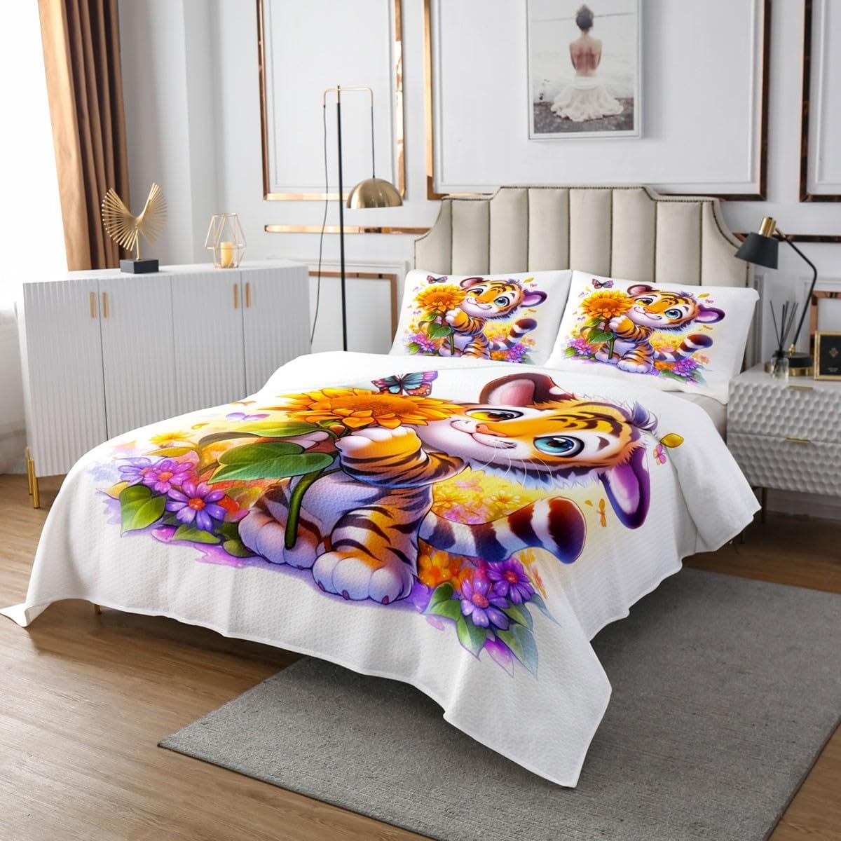 Erosebridal Cute Tiger Kids Bedspread Sets Jungle Wildlife Animal Twin Coverlet Sets for Boys Girls,Lovely Cartoon Little Tiger Quilt Set Yellow Sunflowers Spring Flowers Bedding Set