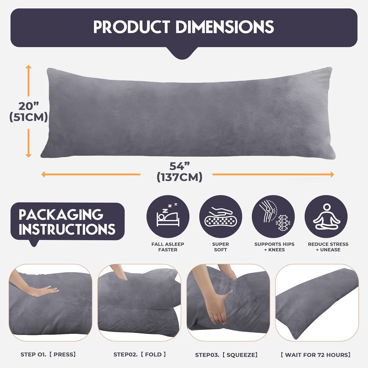 Body Pillow for Adults with Removable Pillowcase，Memory Foam Full Body Pillows for Side Sleepers, Back Pain, Pregnancy, Large Long Pillow Fluffy with Cover for Bed,20x54 Inch, Grey