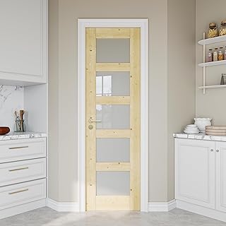 24" x 80" Pine Wood Slab Door, 5-Panel Frosted Glass Interior Doors, Single Room Door for Closet & Bedroom, Farmhouse Style as Prehung, Pocket, Bifold, Barn Doors, Easy DIY Stain, Shaker w/o Hardware