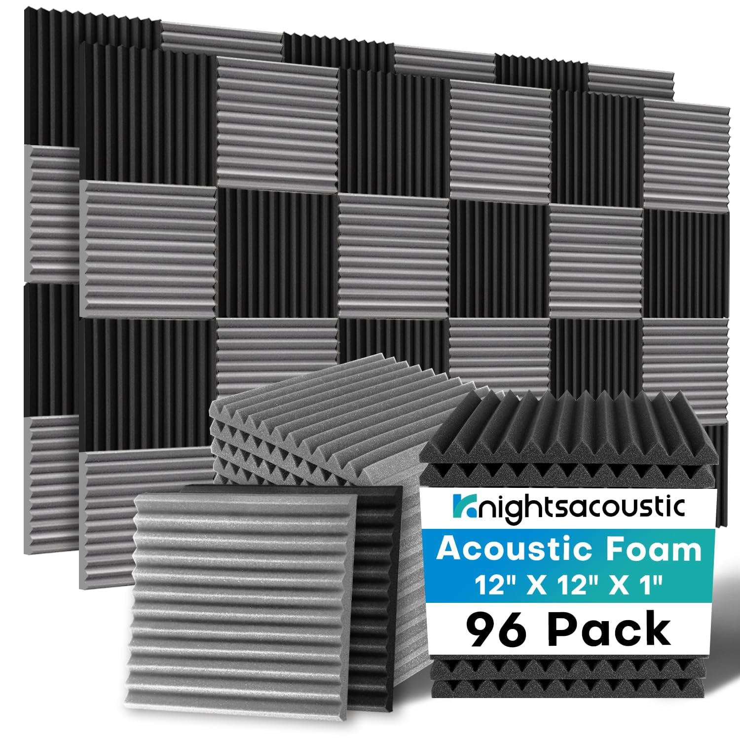 96 Pack Acoustic Foam Panels, 1 X 12 X 12 Inches Sound Proof Foam Panels for Walls, High Density Acoustic Panels Sound Absorbing, Black Grey Noise Cancelling Studio Wedges (NOT Include Adhesive)