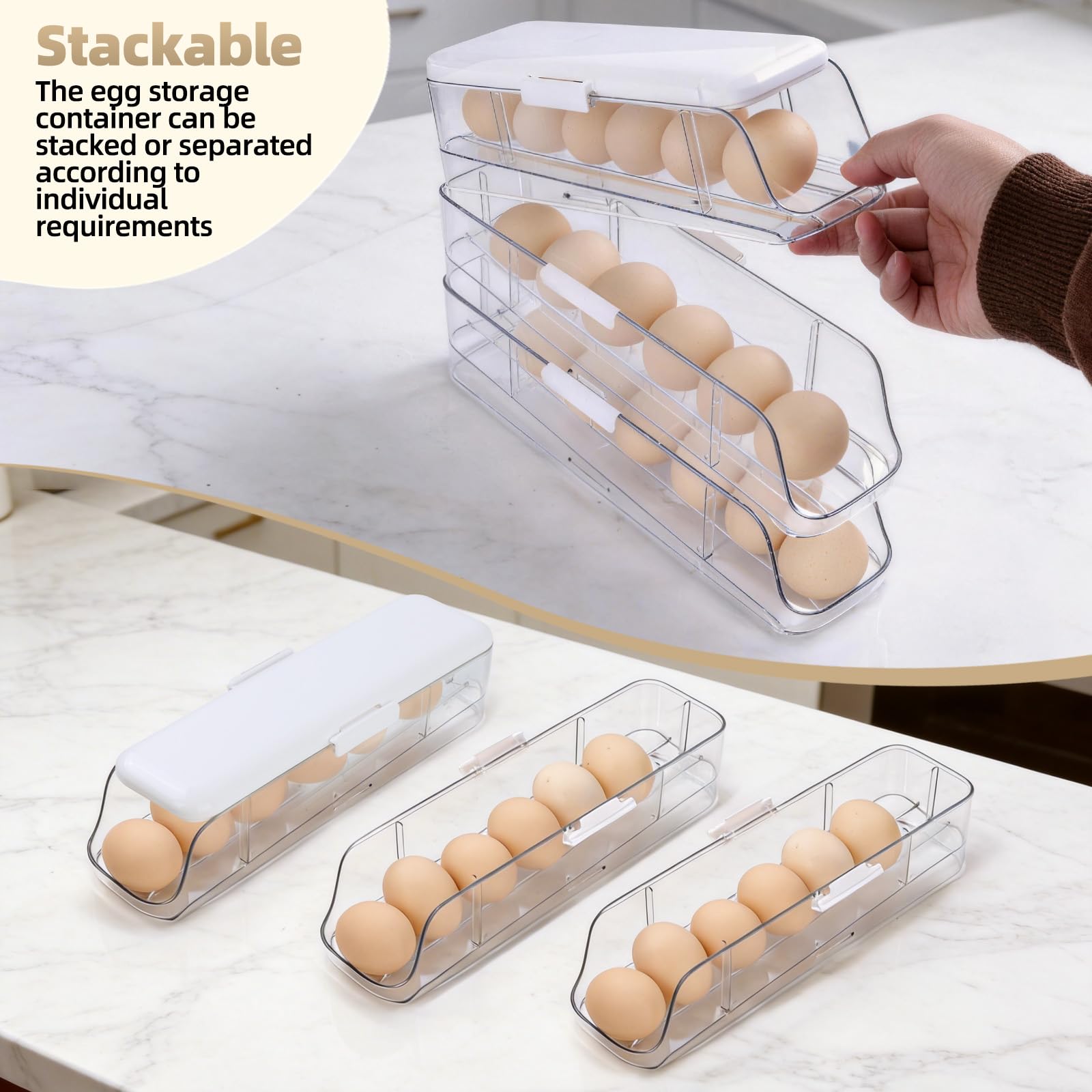 PAVSTINE Organizador de Huevos para Nevera Desmontable Capacidad para 21 Huevo, 3 Pisos con Tapa Rodillos Automáticos Hueveras, Transparente Dispensador de Huevos para Nevera en PET - 5