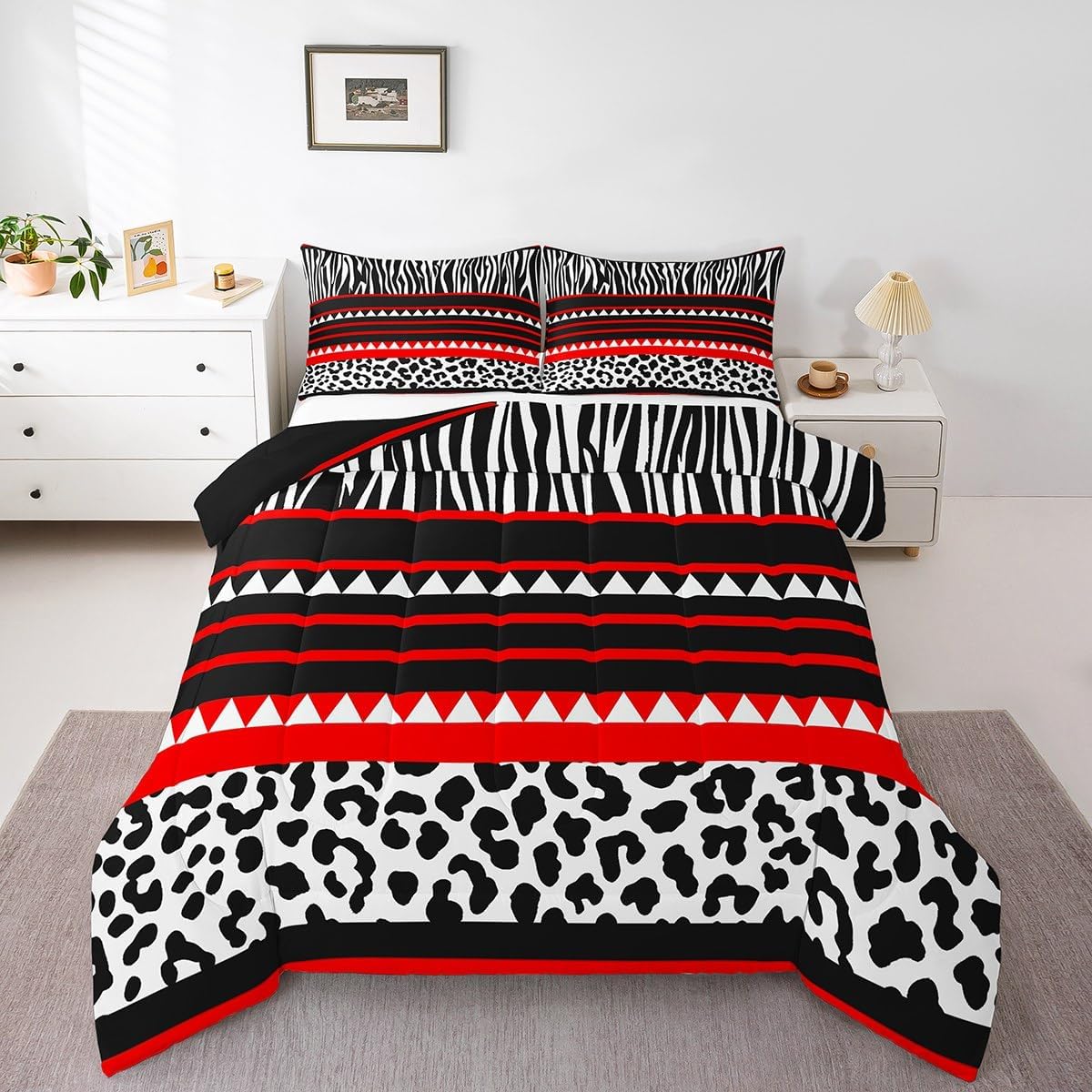 Feelyou Boys Girls Red Geometric Stripes Duvet Insert Toddler Size, Geometrics Comforter Set Stripe Line Bedding Set Kids Teens Bedroom Decor Bed Set 2Pcs