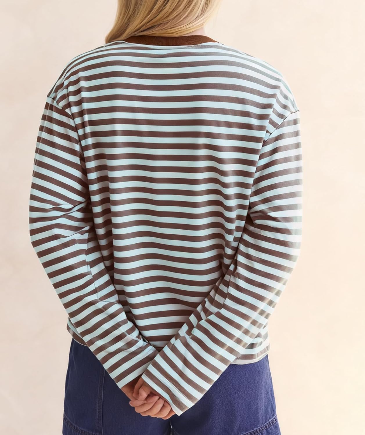 NUFIWI Striped Long Sleeve Shirts for Women Y2k Drop Shoulder Crew Neck Sweatshirts Fall Oversized Cropped T Shirts - Image 3