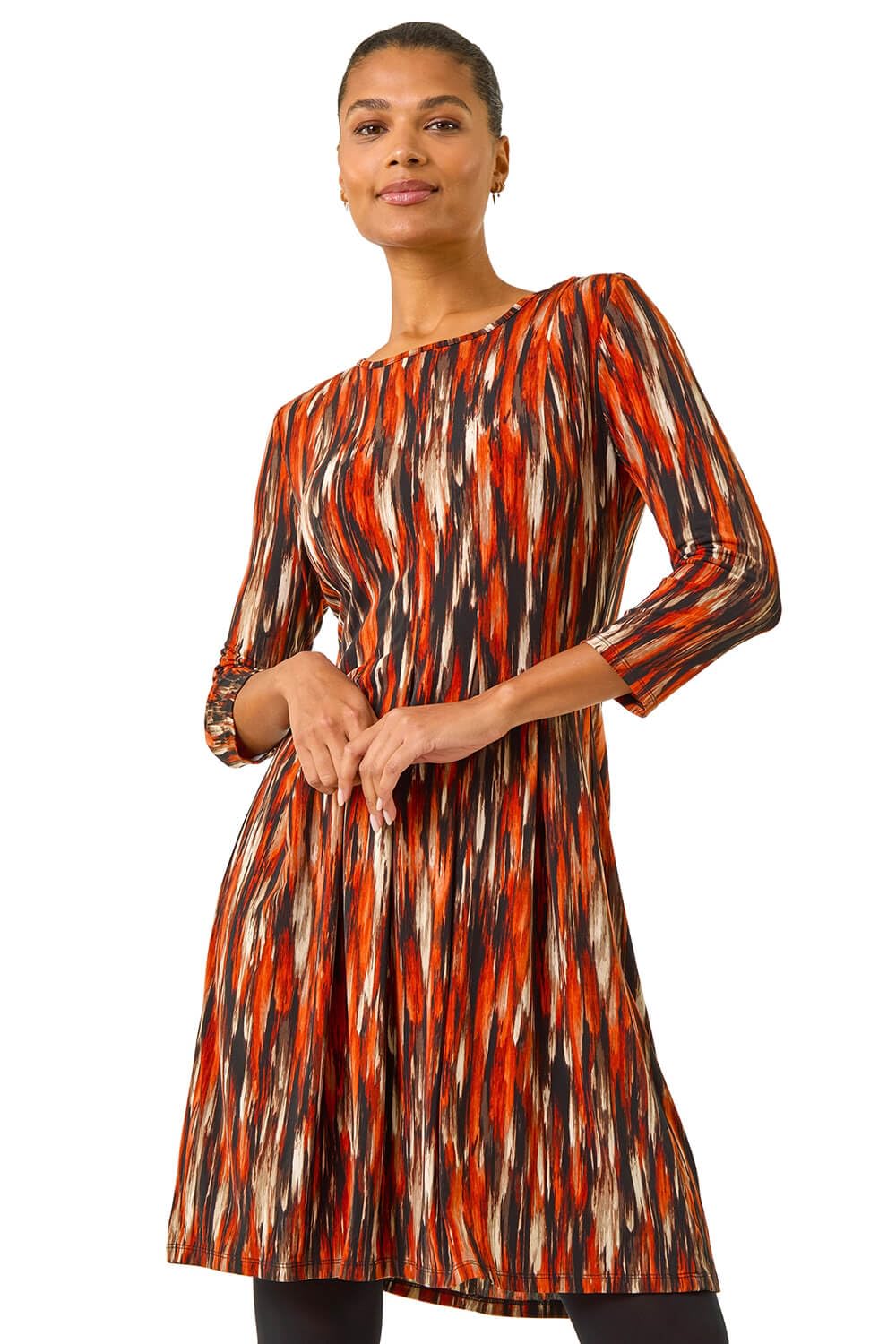 Roman Originals Animal Print Panel Stretch Dress for Women UK - Ladies Everyday Autumn Winter Round Neckline Comfy Soft Evening Vacation Work Party Night Out - Orange - Size 18