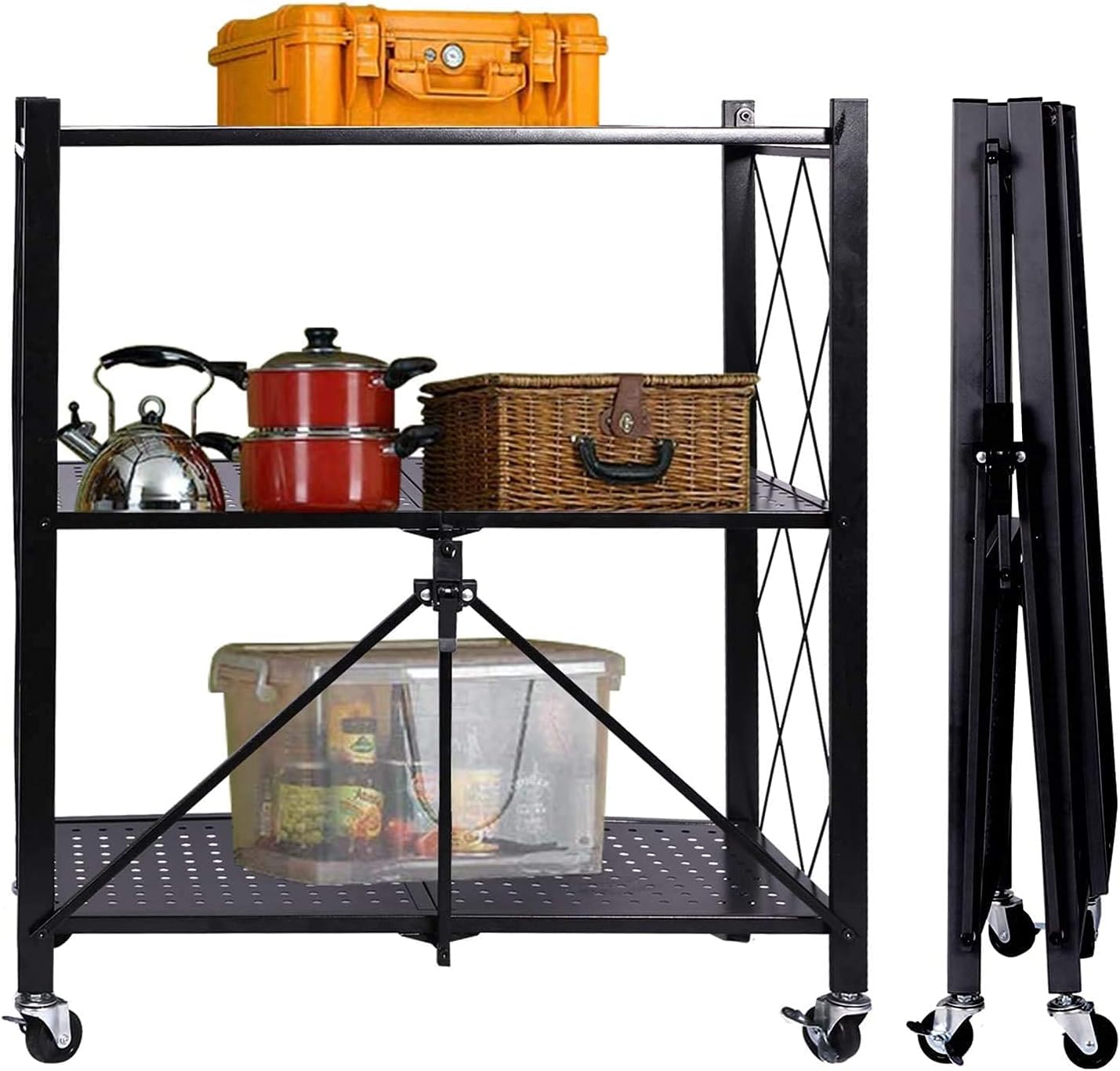 3-Shelf Foldable Shed Utility Rack, Don't Need to Assemble,Unfolds in 5 Seconds, Holds up to 750 Pounds (Black)
