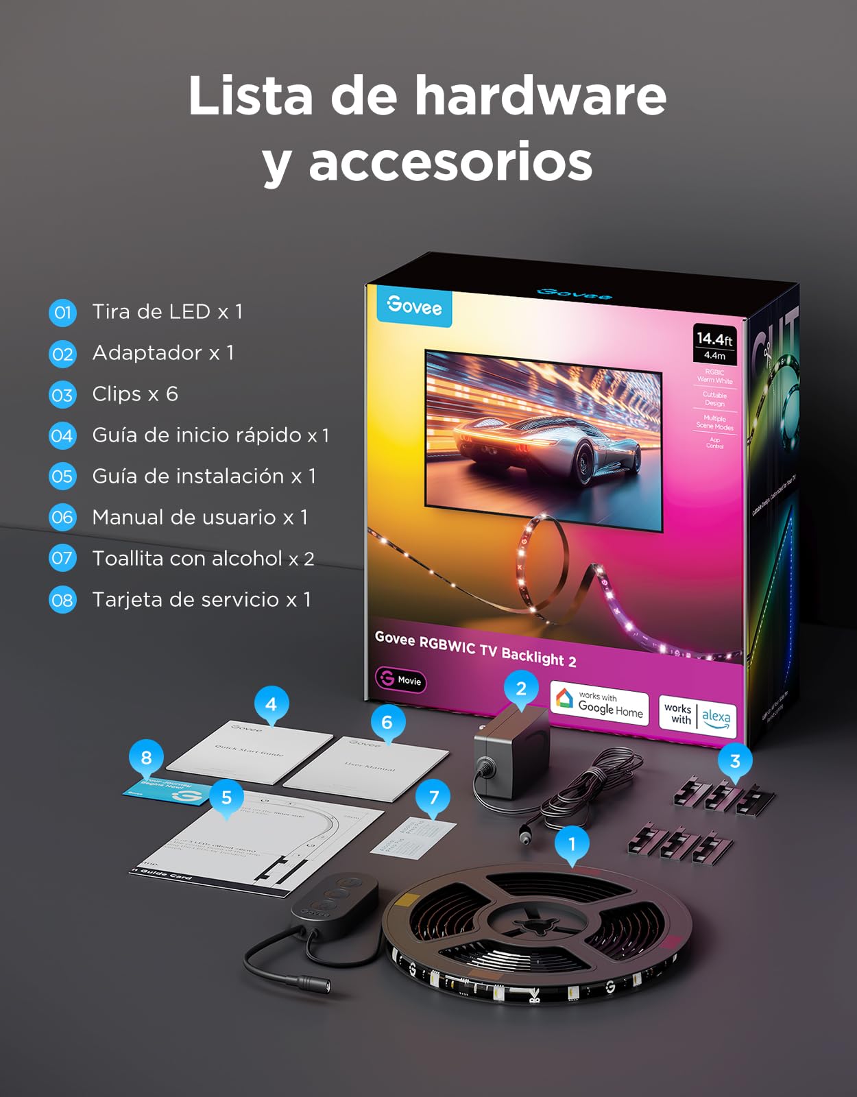 Govee Luz LED Trasera TV 2 para TVs 32-70 pulgadas | RGBWIC 4,4m Recortable, Fácil Instalación, 210+ Modos, Compatible con Matter, Sincronización Musical