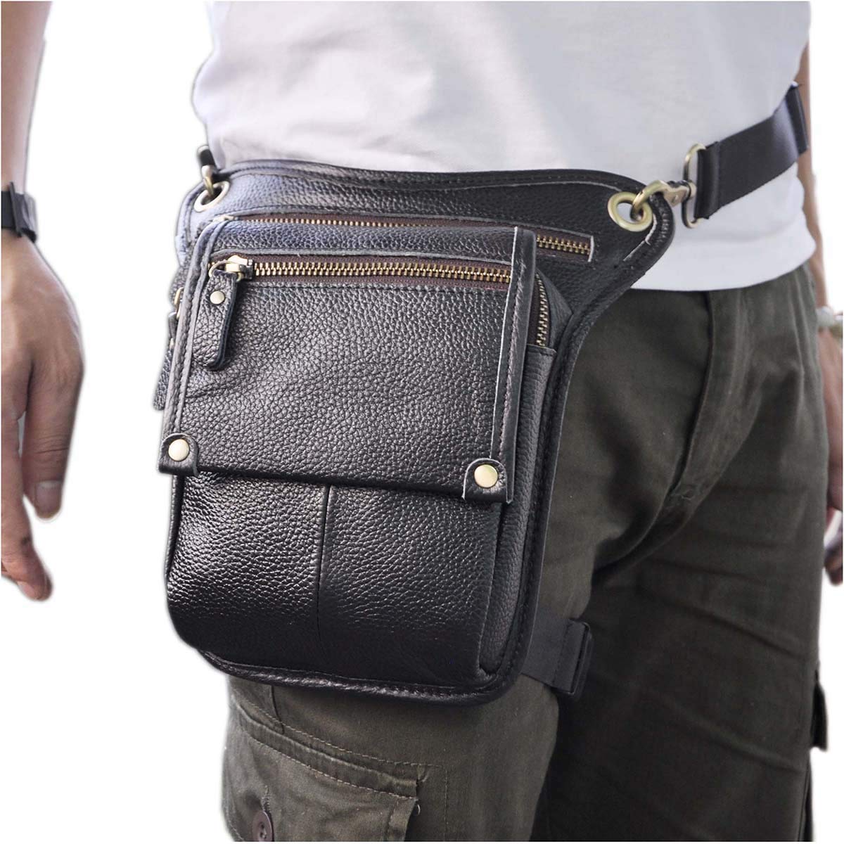 Le'aokuu Herren Echtes Leder Tasche Hüfttasche Beinbeutel Kleines Haken Tasche Messenger Bag 211-4 (211-4 czarny)