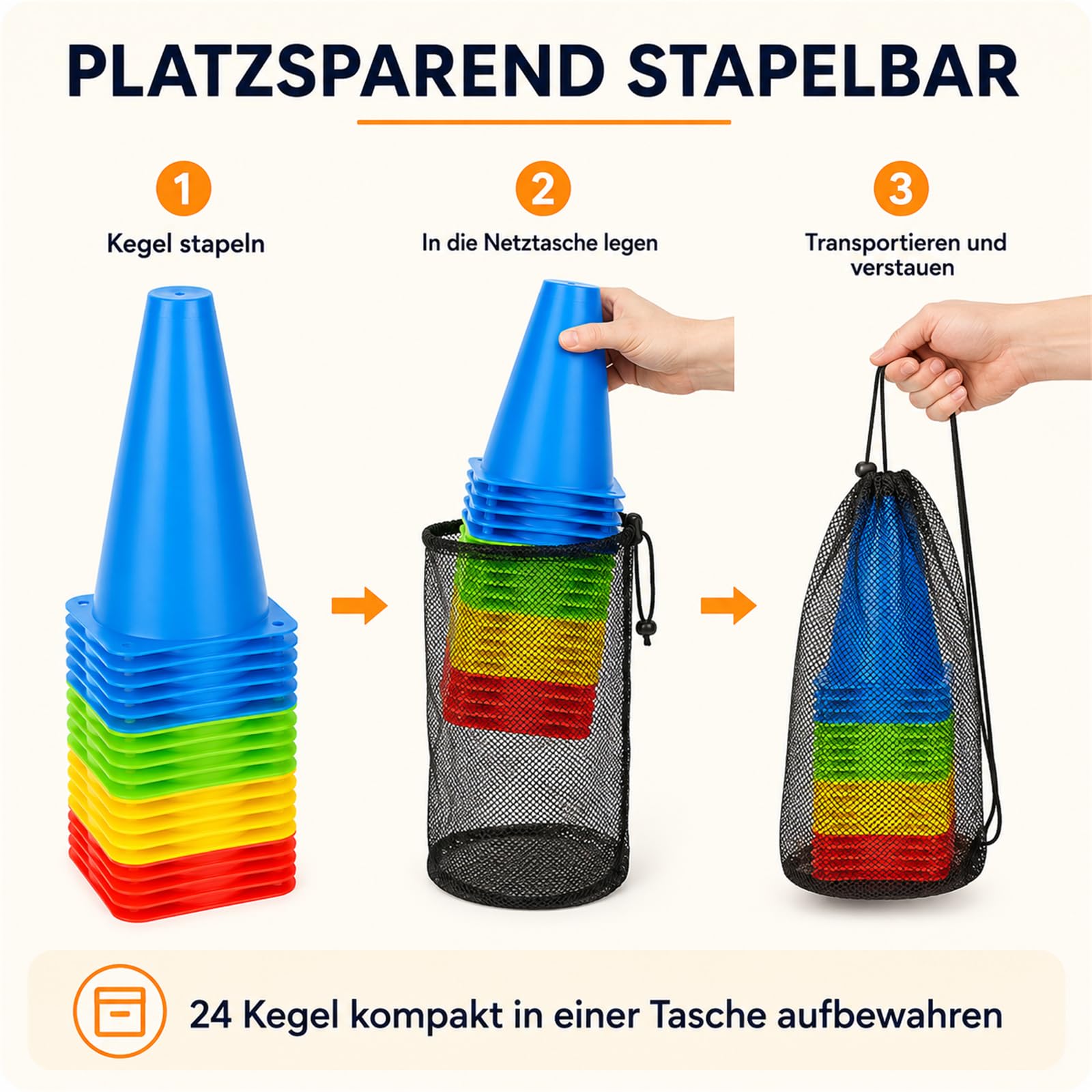 CYEER 24 Conos Entrenamiento Futbol, 23 x 13,5 cm, Coloridos pilones para niños al Aire Libre con Bolsa de Transporte, Conos de Entrenamiento para fútbol, Deportes, Juegos Activos