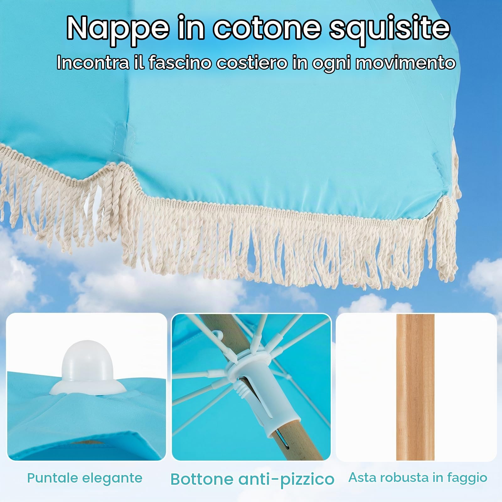 FANTASK Ombrellone 170 cm, ombrellone da spiaggia boho con frange, pieghevole su entrambi i lati di 30°, in legno, terrazzo, per giardino, balcone, terrazza (blu)