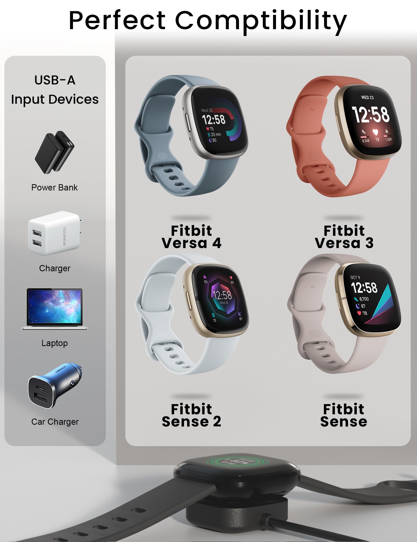 Bicmice Compatible with Fitbit Sense & Versa 3 Charger - Replacement Charging Cable Dock for Sense 2, Versa 4 Smartwatch - 3.3Ft USB Magnetic Wireless Cord