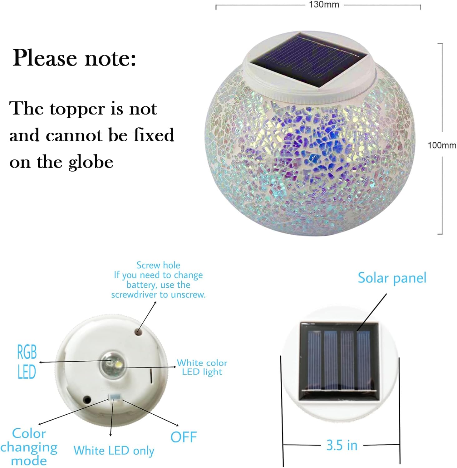 Solar Powered Color Changing Mosaic Crackle Glass Table Lamp - Waterproof LED Night Light for Bedroom, Yard, Patio, Halloween, Christmas Decorations (Crackle Glass, White)