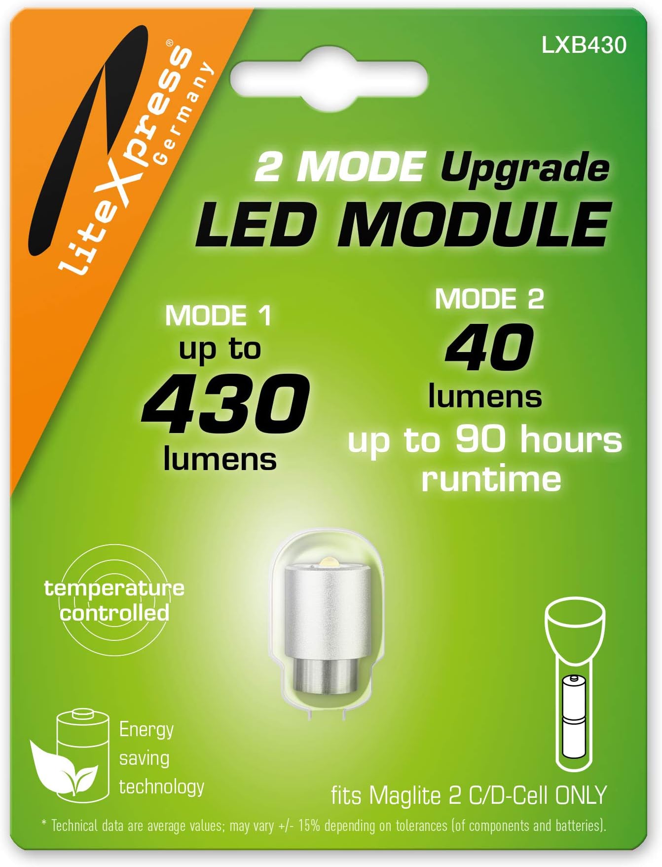 LiteXpress LXB430 2 Mode LED Upgrade Module 430 or 40 Lumen Only for 2 C/D Cell Maglite Torches