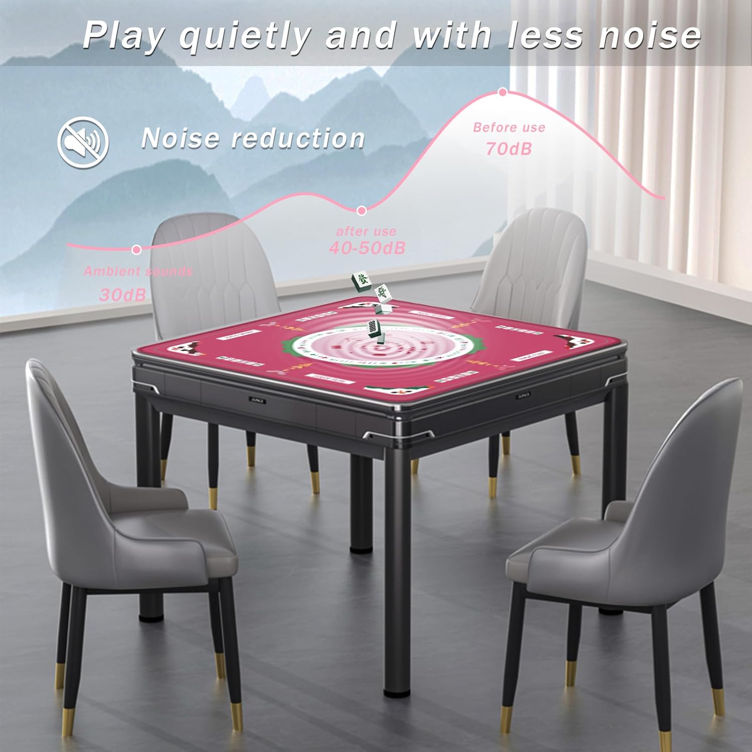2F22E Mahjong Table Mat for American Mahjong, Neoprene Non-Slip Noise Reduction Mat with Printed Rules, 32.4 x 32.4 Inch Pink Table Cover for Poker, Cards & Board Games