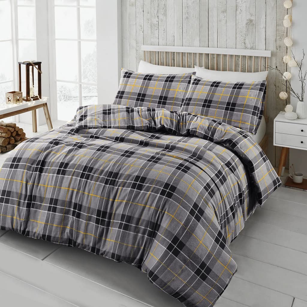 Karkarm Grey New Flannelette Tartan Check Duvet Covers Set With 2 Pillow Cases Easycare Flannel Soft Brushed 100% Cotton Plaid Bedding (, Double 200X200cm)
