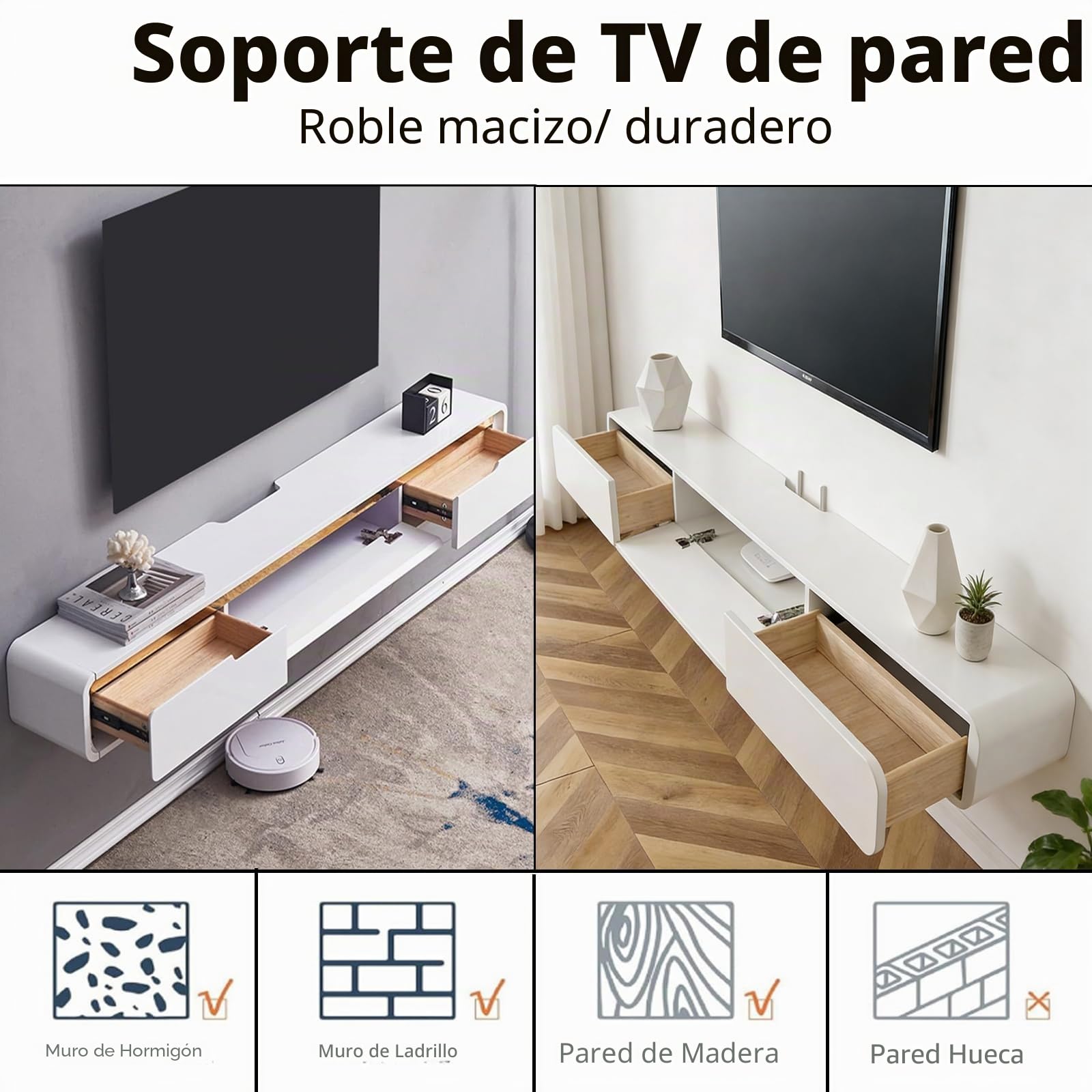 Mueble de TV Colgante de Madera Maciza, Estante Flotante Moderno con 2 Cajones, Orificios para Cables, Bordes Redondeados, Salón Dormitorio (A Negro, 140CM)