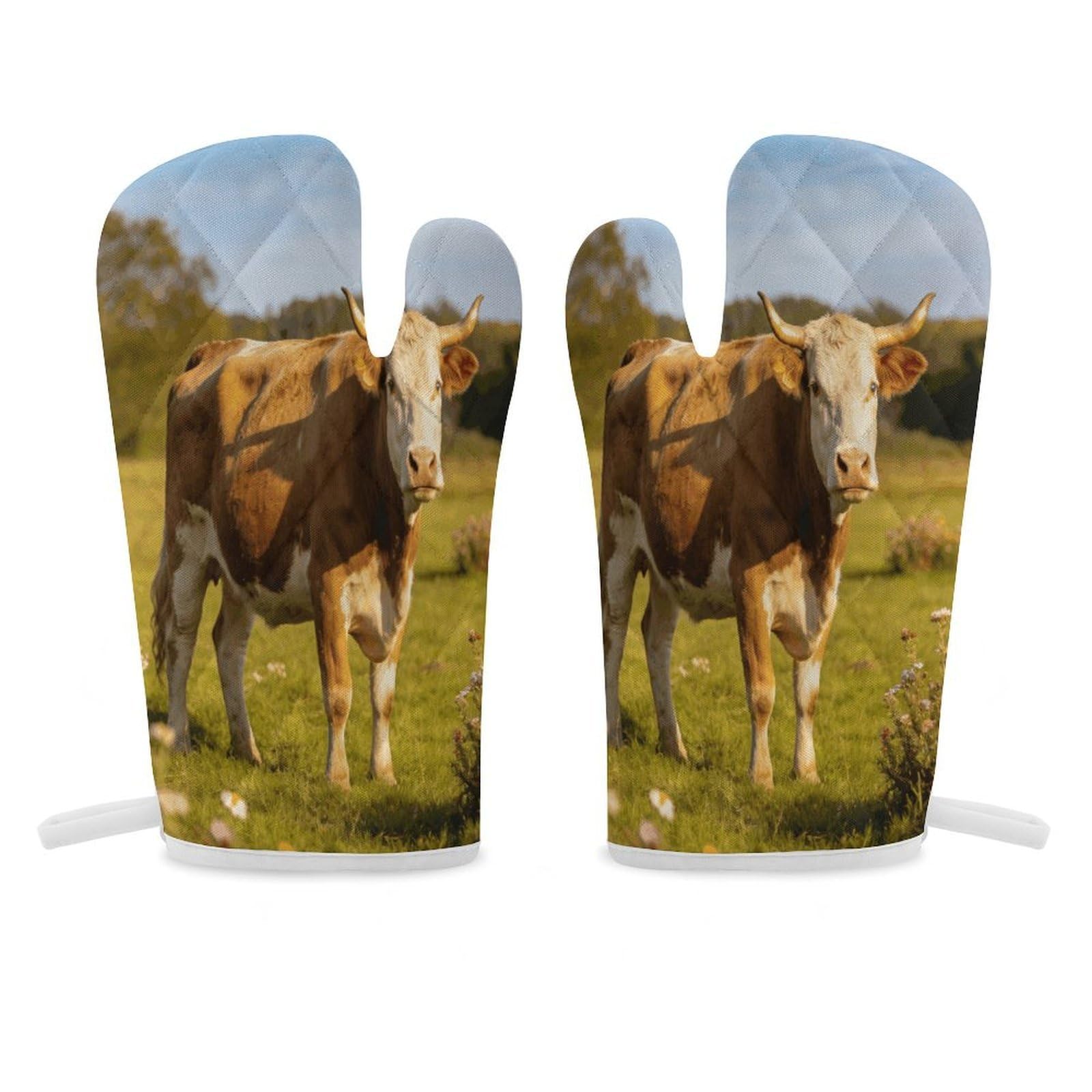 Cow Oven Mitt Heat Resistant Potholder Set,Durable Oven Gloves for Gifts,Glove Pot Holder for Cooking Baking Grilling BBQ