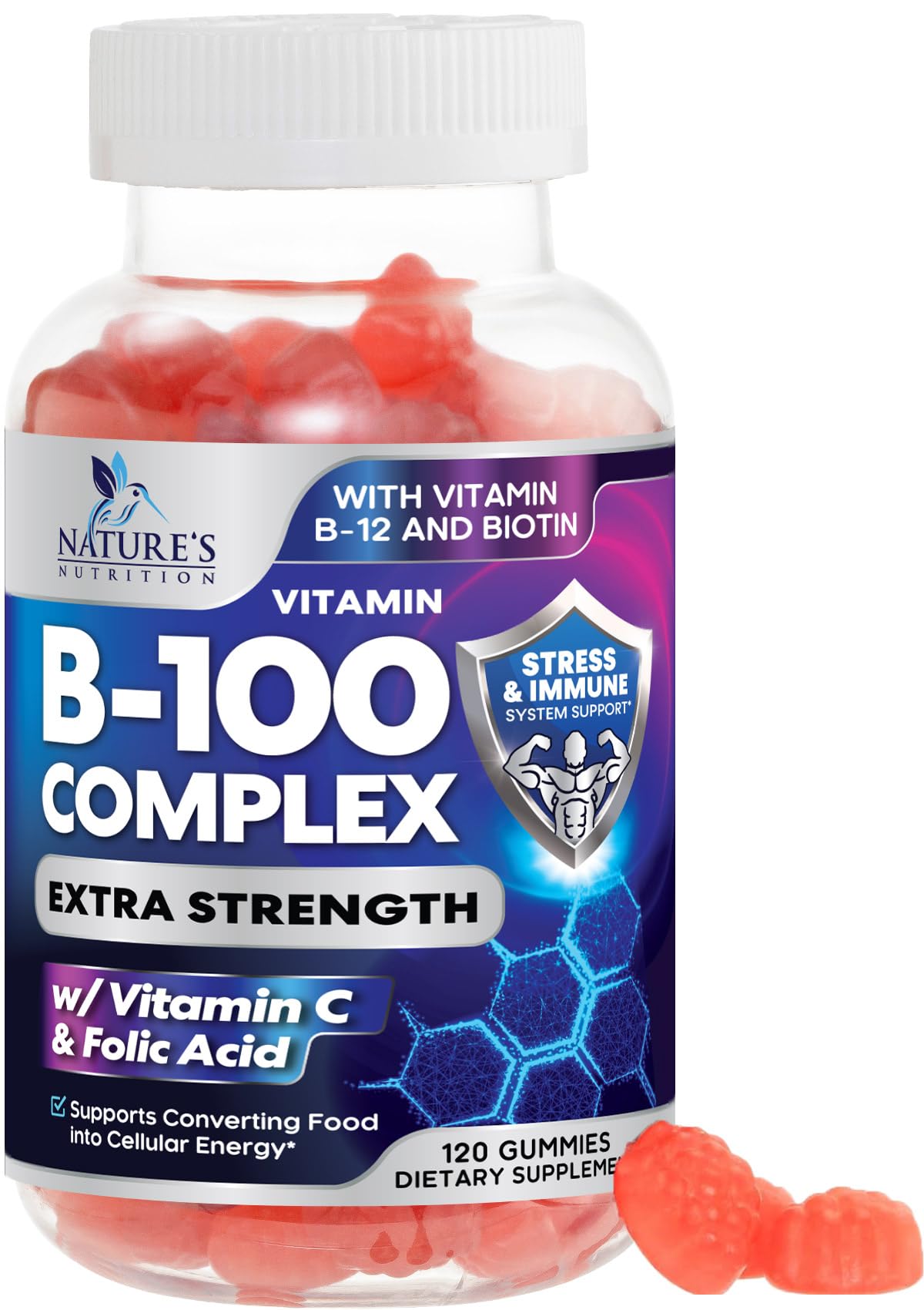 Super B Complex Gummy with Vitamin C & Folic Acid, Extra Strength Vitamin B Gummies Supplement with Niacin, B6, Folic Acid, B12, Biotin, Nature's Energy Immune Support Supplements - 120 Gummies