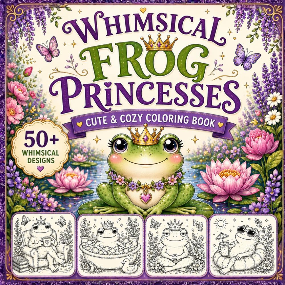 Whimsical Frog Princess Coloring Book: Cute and Relaxing Coloring Pages Featuring Magical Frog Princesses, Unicorns, Fairies, Flowers, Castles, and Fantasy Adventures