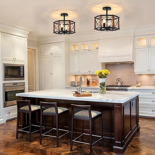 Miniatura 3 de 4 luces de techo de granja, de madera, semiempotradas, accesorios de iluminación de cocina, lámparas industriales negras para entrada, candelabros