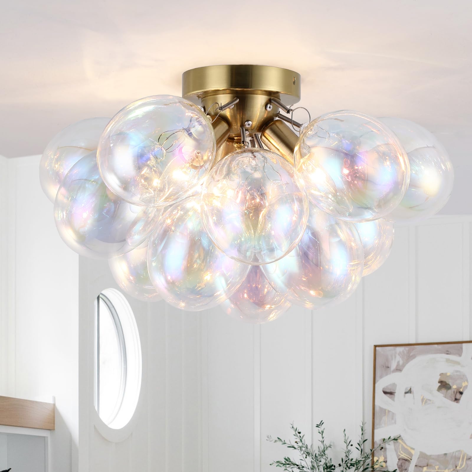 JHLBYL Modern Bubble Ball Glass Chandelier 3 Light Semi Flush Mount Close to Ceiling Light Fixtures Mid Century Gold Ceiling Lighting E14 Base with 13 Globe for Bedroom Foyer Living Room Kid Room