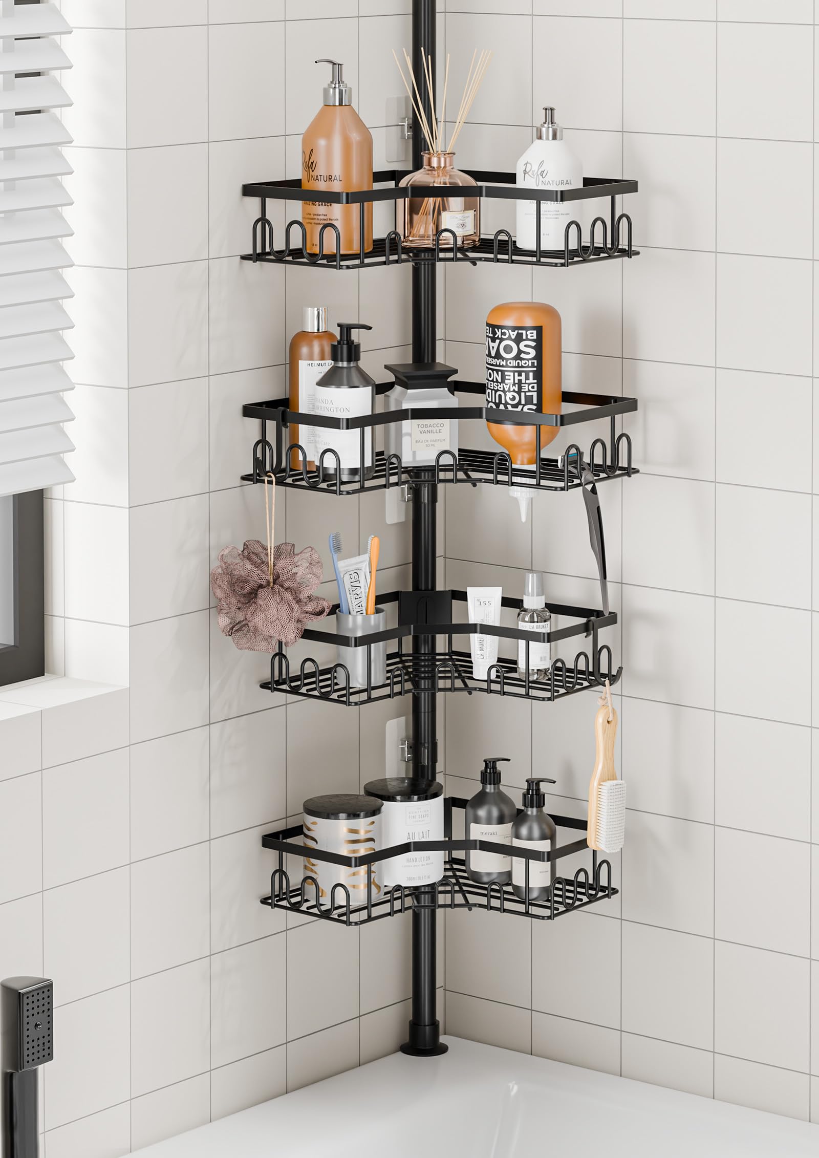 Telescópica Estantería Ducha - Altura Ajustable 86-298 CM, Estanteria baño Sin Taladro, Esquina Estante Ducha, Estanteria Ducha Telescopica con 4 Cestas para Bañera y Baño，Negro | Altura ajustable, 86-298 cm, 4 estantes, estante de ducha organizador