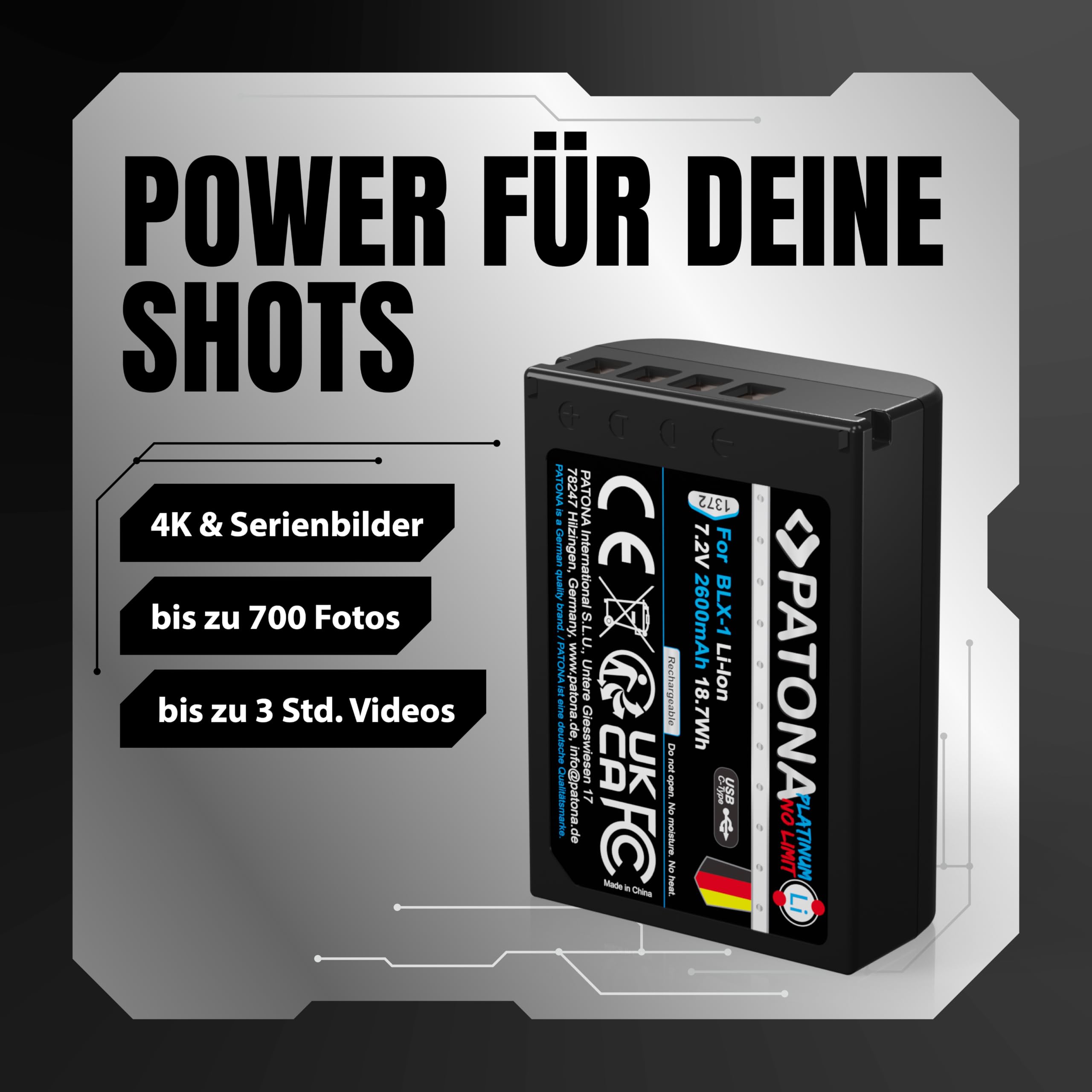 PATONA USB-C Platinum Akku Ersatz für Olympus BLX-1 BLX1 Battery 2600mAh