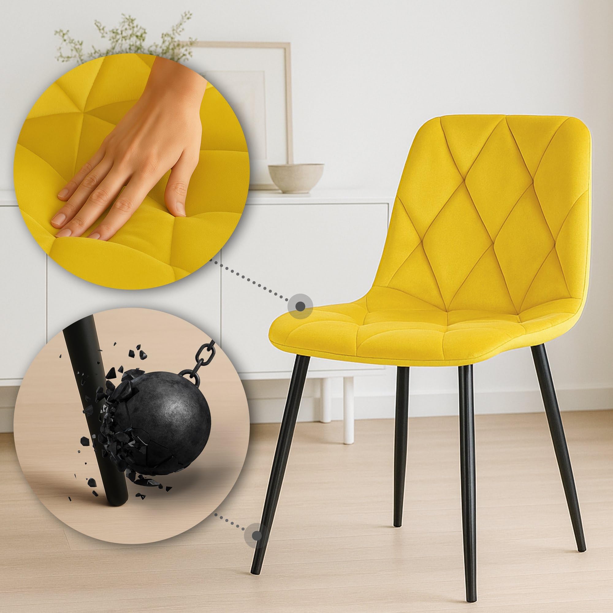 CLP Sedia da pranzo set di 2 Clairton, sedia imbottita con rivestimento trapuntato, struttura in metallo nero, supporto fino a 150 kg Colore:giallo;Materiale:Velluto