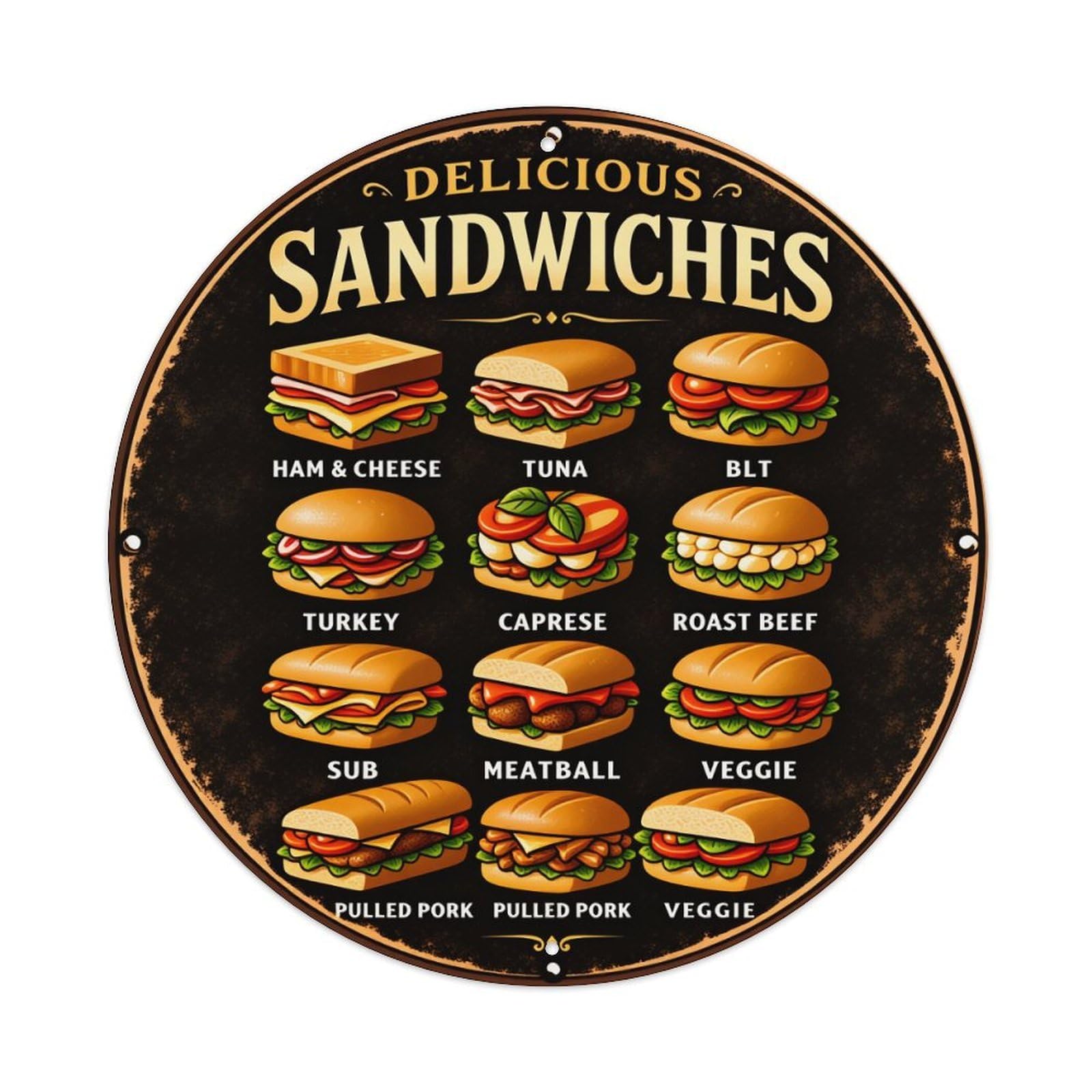 Delicious Sandwiches Menu Artwork Design Round Tin Sign Vintage Style Metal Sign Home Bar Garden Wall Plaque Decor Metal Poster 8x8 Inch