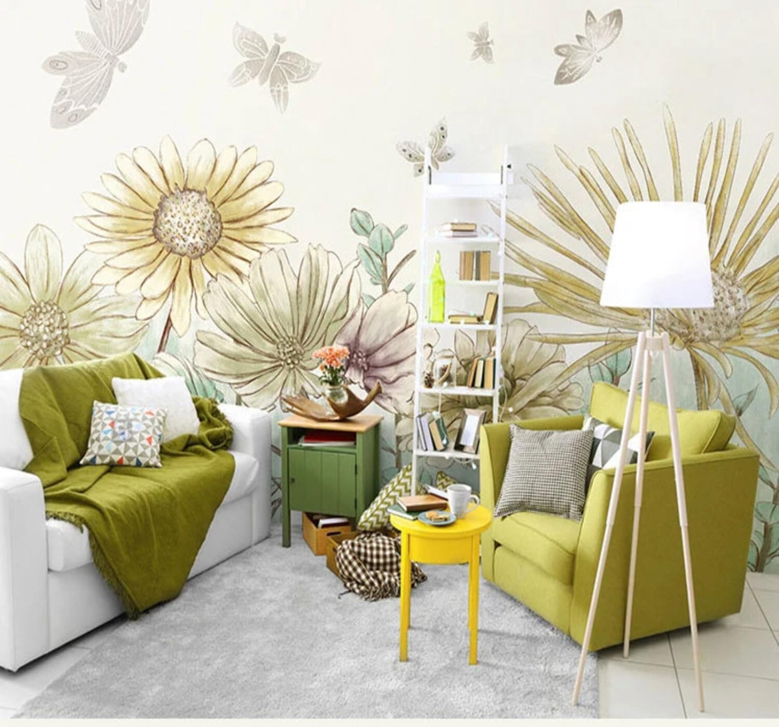 Xlming 350Cm×256Cm(B×H) Hand Drawn Beautiful Flowers Sunflowers Butterflies 3D Wallpaper Silky Texture Home Study Office Grey Dining Room Sofa Bedroom Living Room Tv Backdrop-350Cm×256Cm