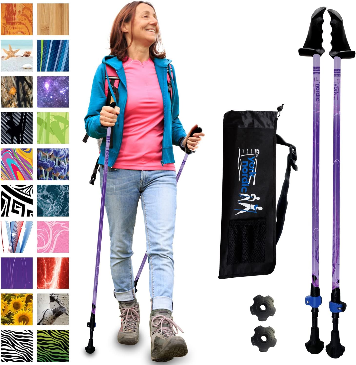 York Nordic Motivator Walking Poles for Balance and Rehab - Patented Stability Grips - Lightweight, Adjustable, and Collapsible -2 Pieces Adjustable w/flip Locks, Detachable feet and Travel Bag