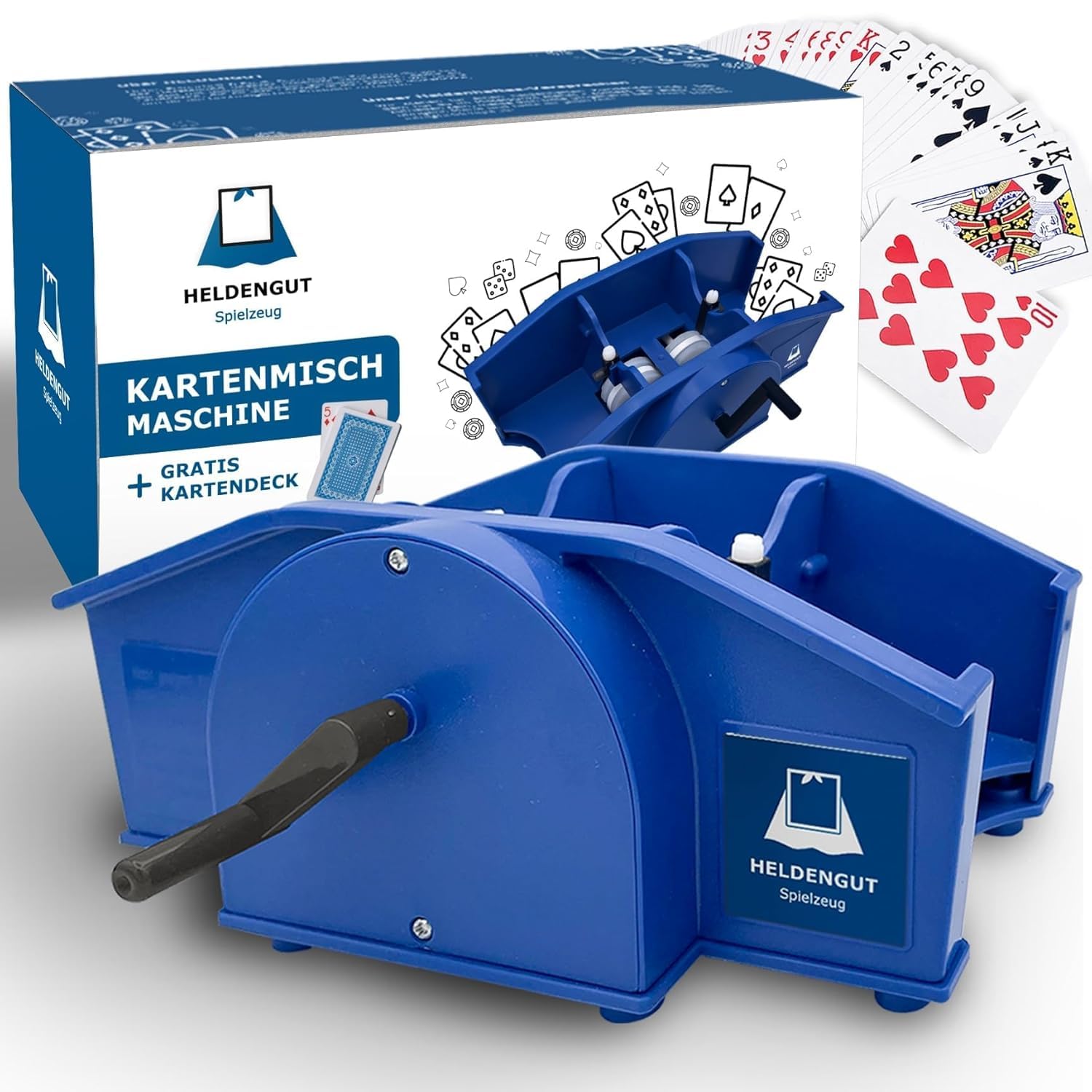 HELDENGUT Kartenmischer Manuell Mit Handkurbel Für Poker Bridge & Rommé – Kartenmischmaschine Ohne Batterien Blau