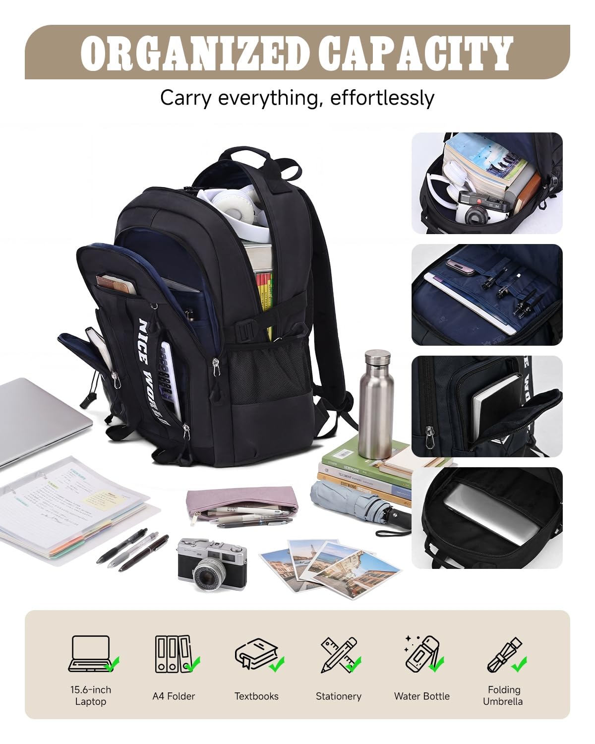 Amythe Zaino per Ragazzo Adolescente - Zaino per Scuola Media e Superiore Impermeabile Leggero - Zaini Casual alla Moda Grande Capacità per Computer 15.6" Ragazzi 10-22 Anni, Nero