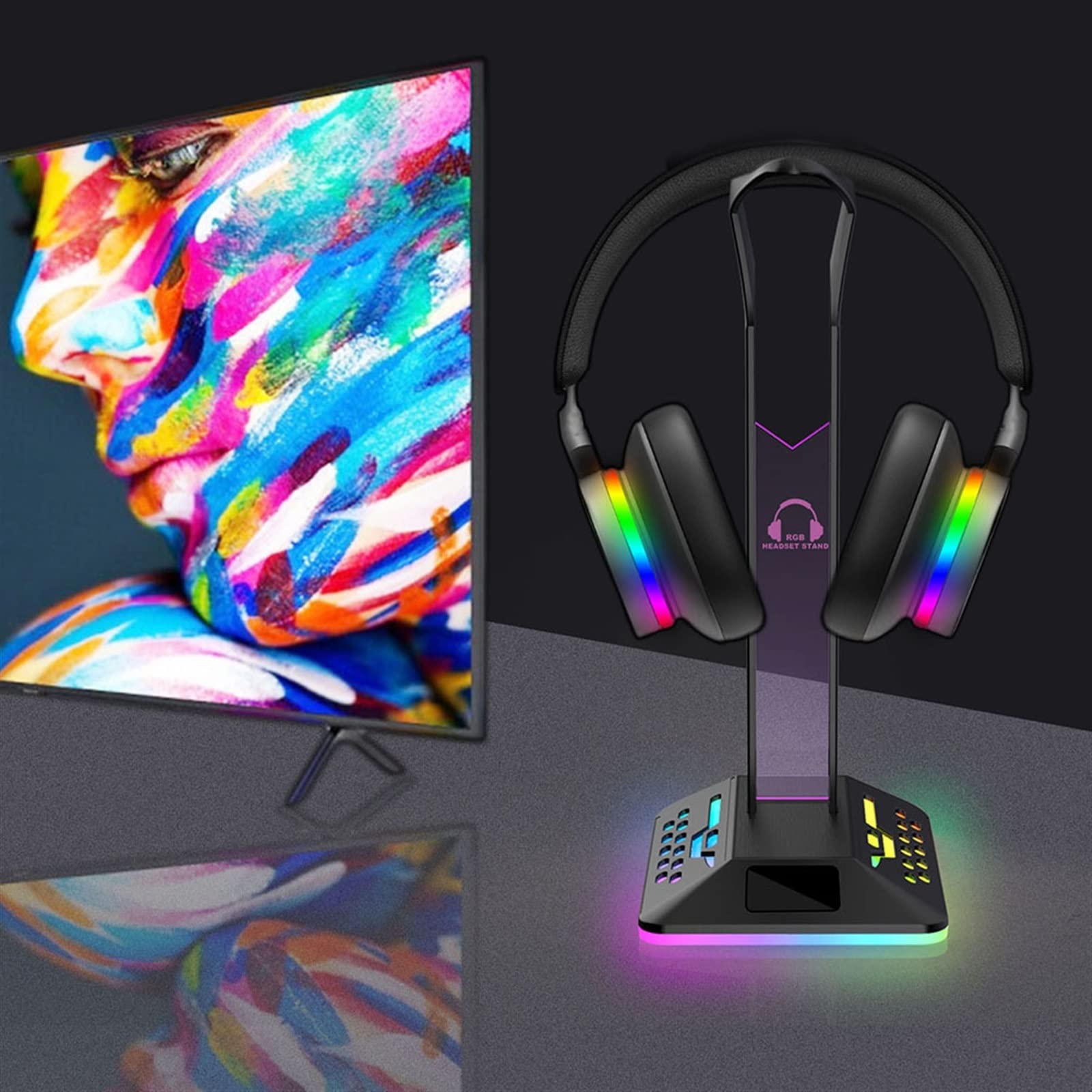 Supporto per cuffie RGB con porta di ricarica USB, supporto per cuffie da gioco da scrivania con 7 modalità di illuminazione e base in gomma antiscivolo, adatto a tutti gli accessori per auricolari