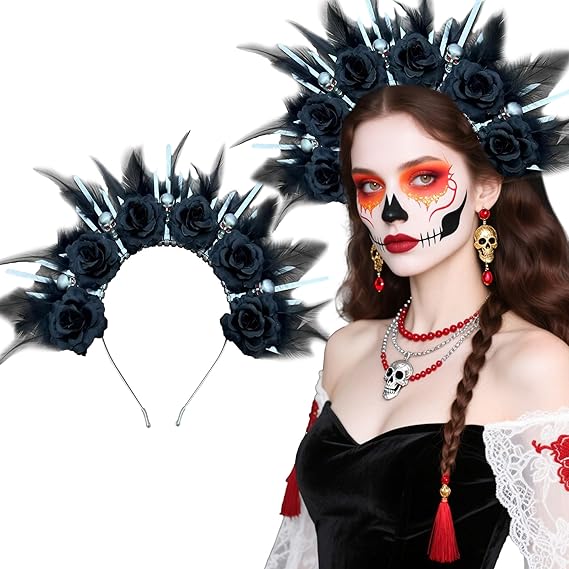 JeVenis Black Skull Mexican Flower Crown Headband Day of The Dead Fiesta Headpiece Cinco De Mayo Party Costume Dia de Los Muertos
