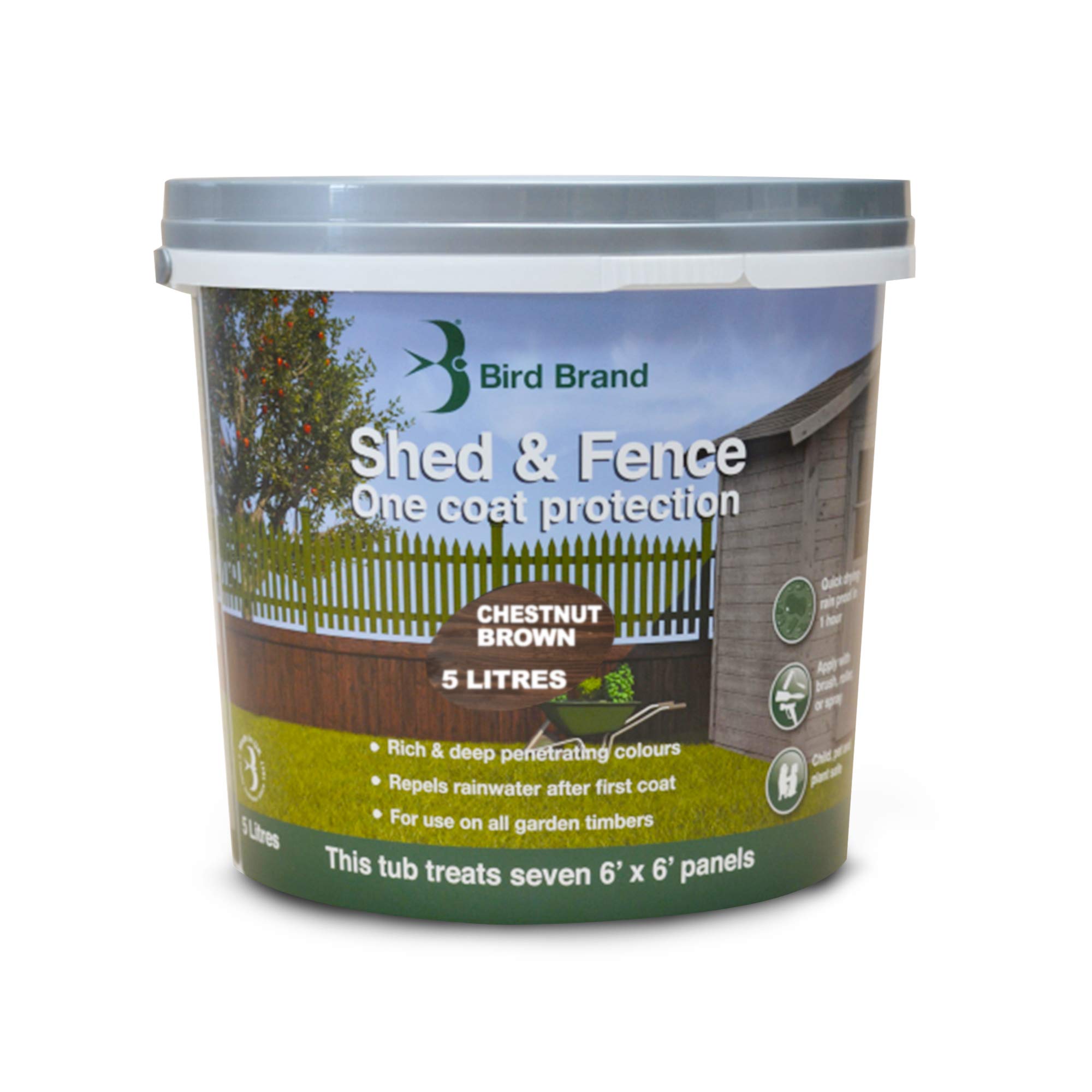 Bird Brand Shed & Fence One Coat Protection, 5 Litre, Chestnut Brown Colour
