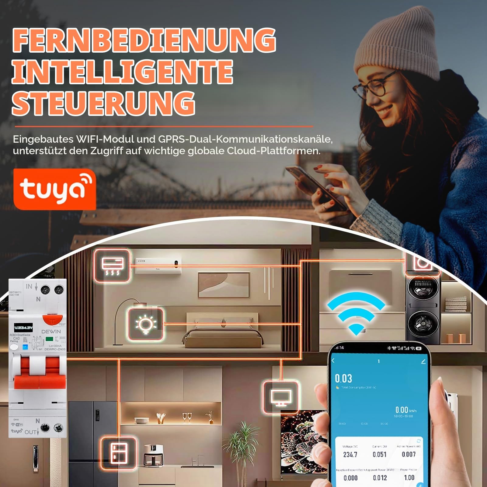 DEWIN FI-Schutzschalter mit Automatische Wiedereinschaltung, Automatischer Wiedereinschaltvorrichtung 1P+N 40A 30mA Fehlerstromschutzschalter Smart Leitungsschutzschalter mit WIFI AC 230V Typ A