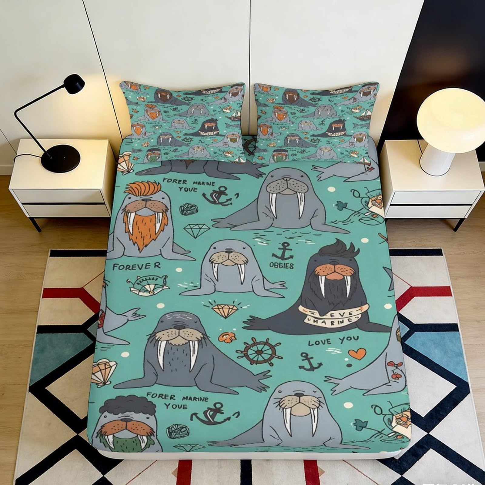 3D Printed Walrus Pattern Fitted Sheet Microfiber Soft Breathable Marine Animals Bed Cover for Bedroom Dormitory Guest Room Mattress Protection 160x200x25cm