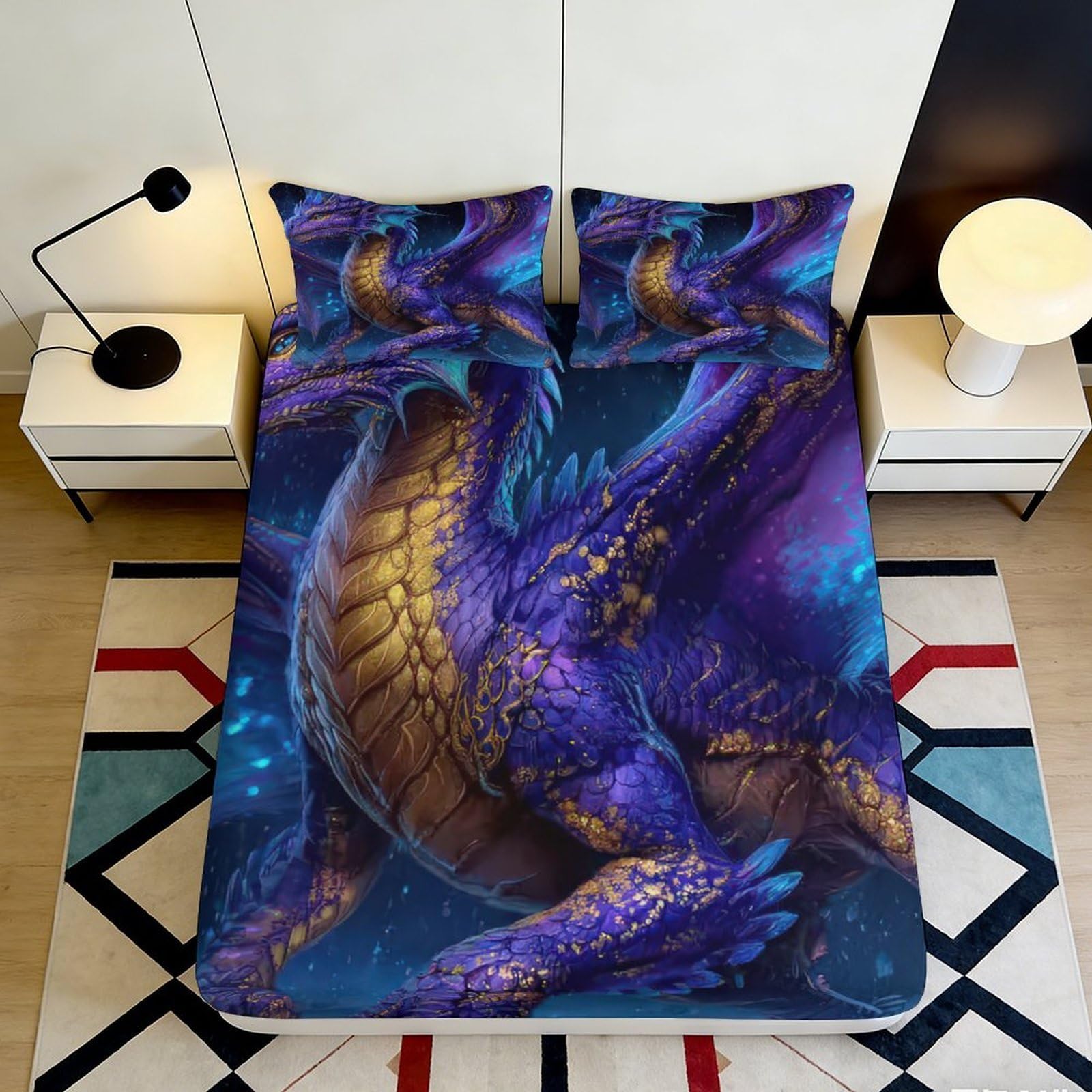 3D Printed Purple Gold Dragon Fitted Sheet Microfiber Soft Mattress Cover for Bedroom Dorm Decor Easy Care 140x200x25cm
