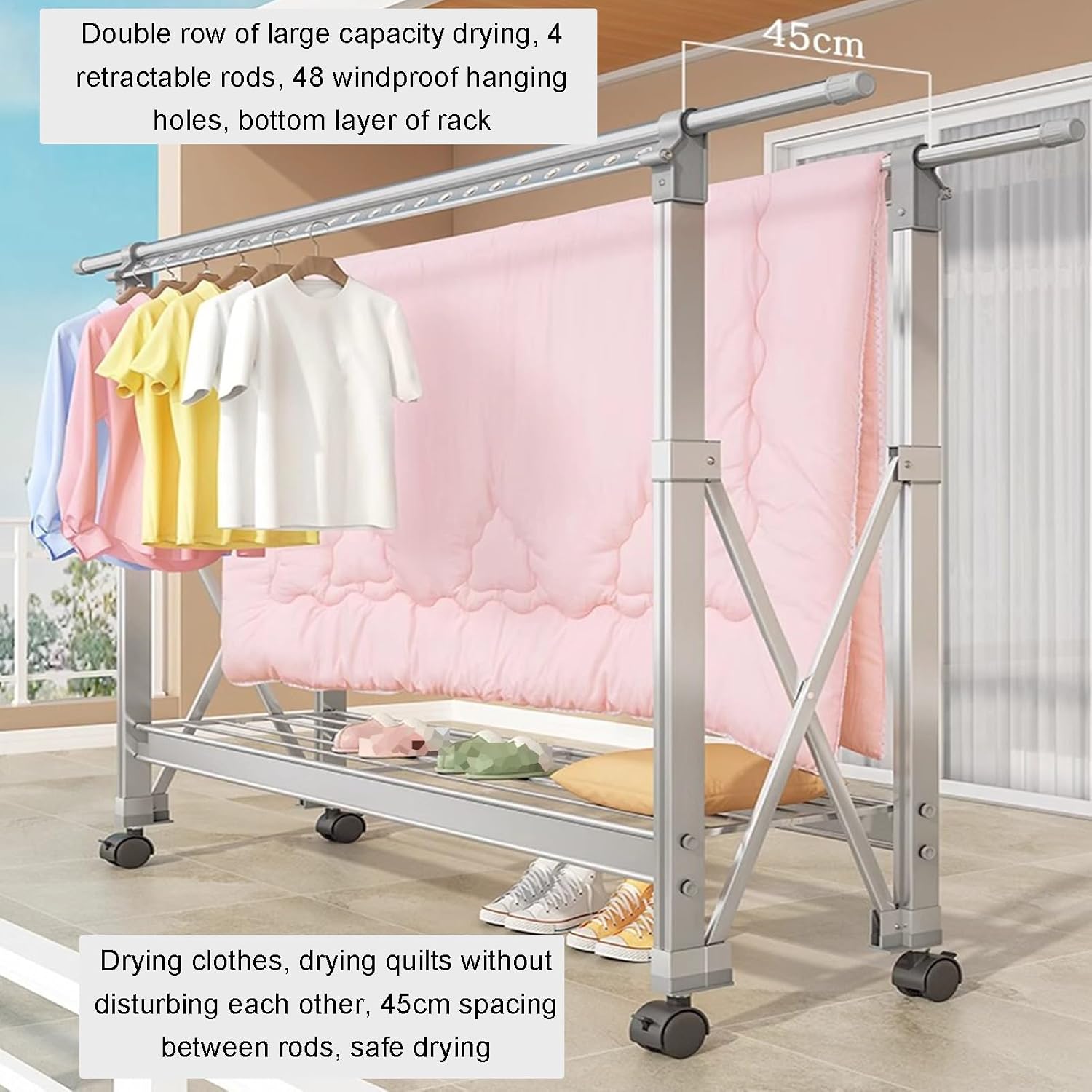 Foldable Double Pole Clothes Drying Rack with 48 Windproof Holes, High Capacity Indoor/Outdoor Garment Rack for Laundry, Silver - Ideal for Blankets, Sheets, and Clothing (120