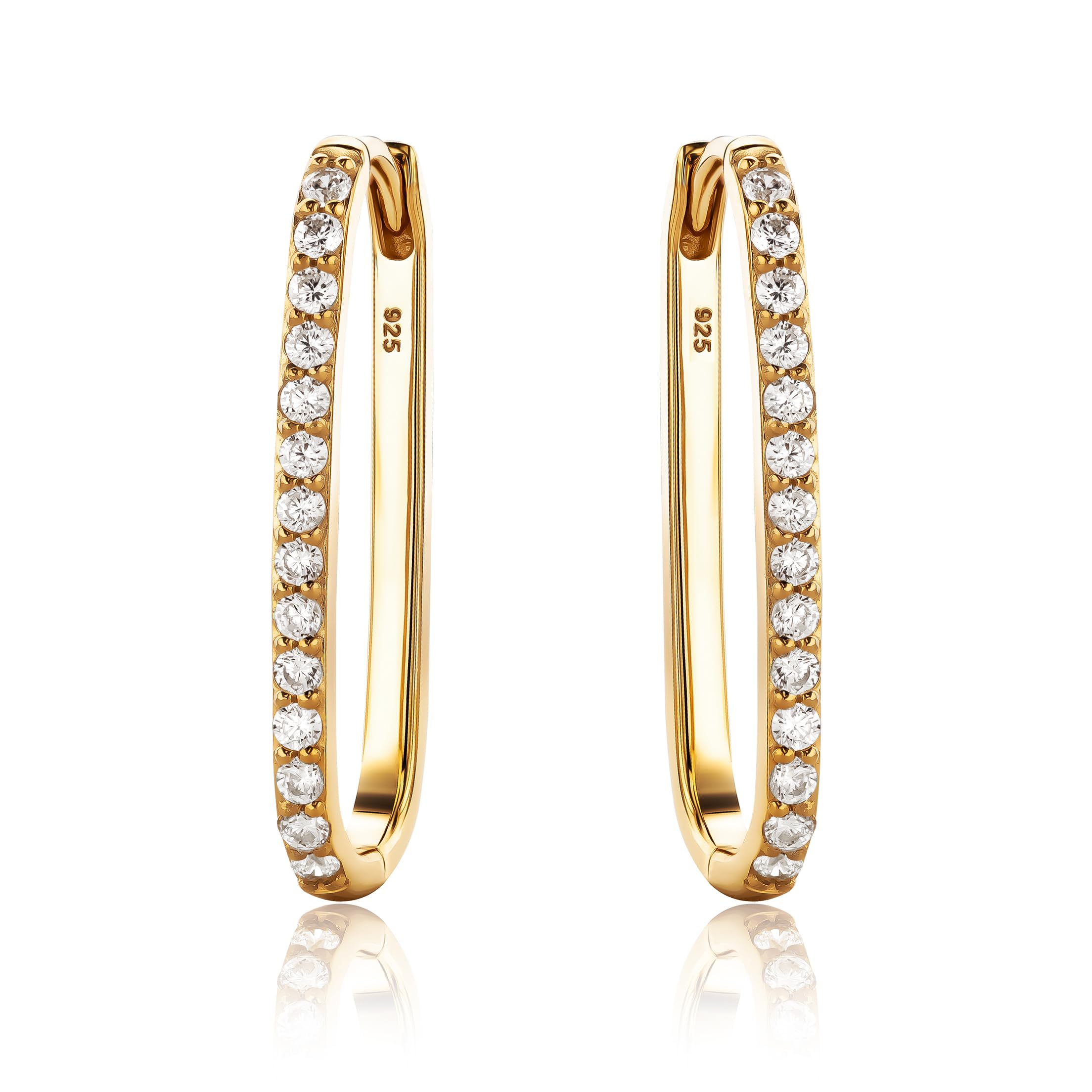Miore Orecchini Donna Argento e Placcati Oro Giallo 18KT, Orecchini cerchio Ovale in Argento 925 e fila di Zirconi. Orecchino Classico anallergico.