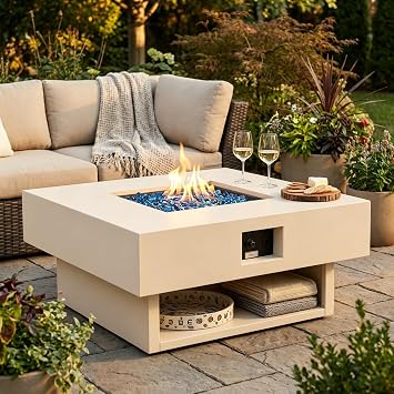 29.5" Square Propane Fire Pit Table with Open Storage Shelf | 50,000 BTU Gas Firepit, Blue Fire Glass, Metal Lid, Light Champagne Finish for Patio, Deck, Backyard