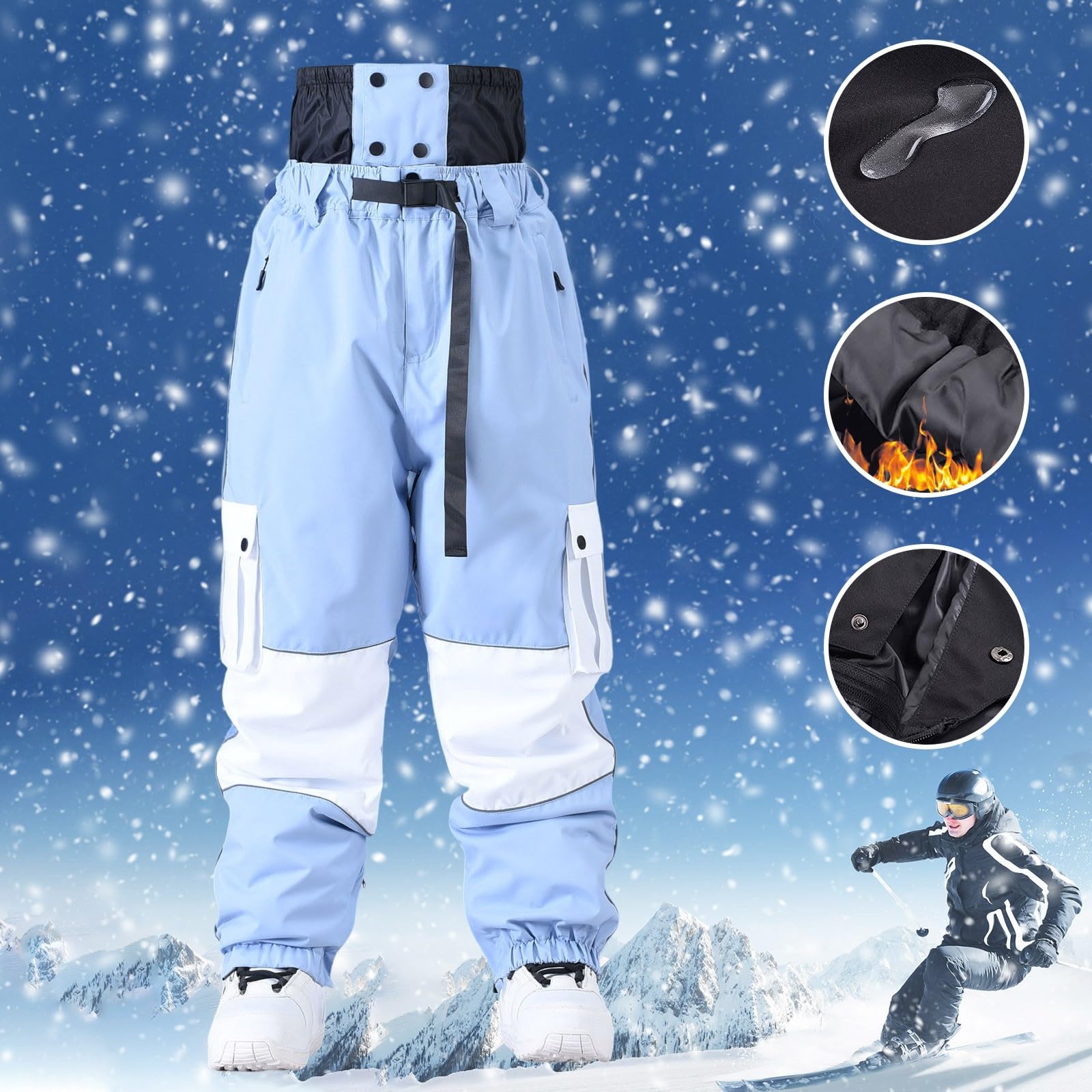 Pantaloni Sci Uomo Freddo Baggy Snowboard Pants con Tasche Multiple Pantalone Neve Impermeabili Caldo Softshell Montagna Antivento Salopette