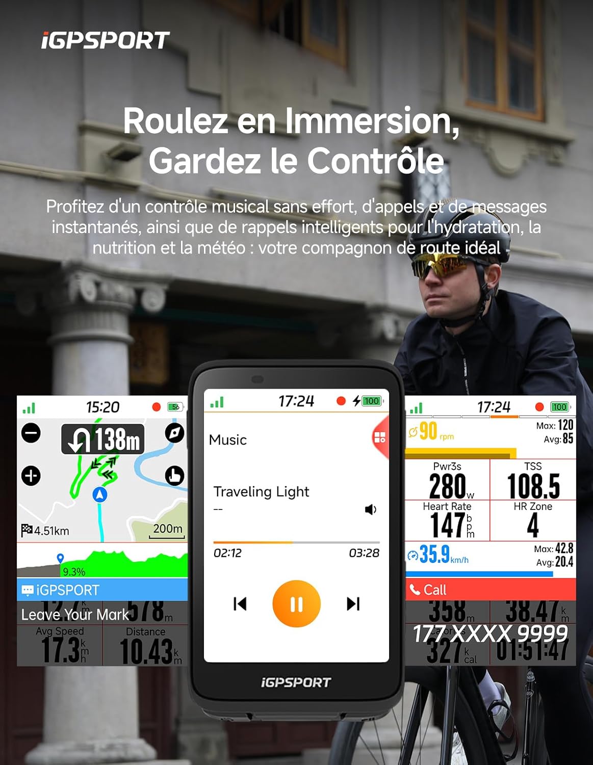 iGPSPORT BiNavi screen showing music playback controls