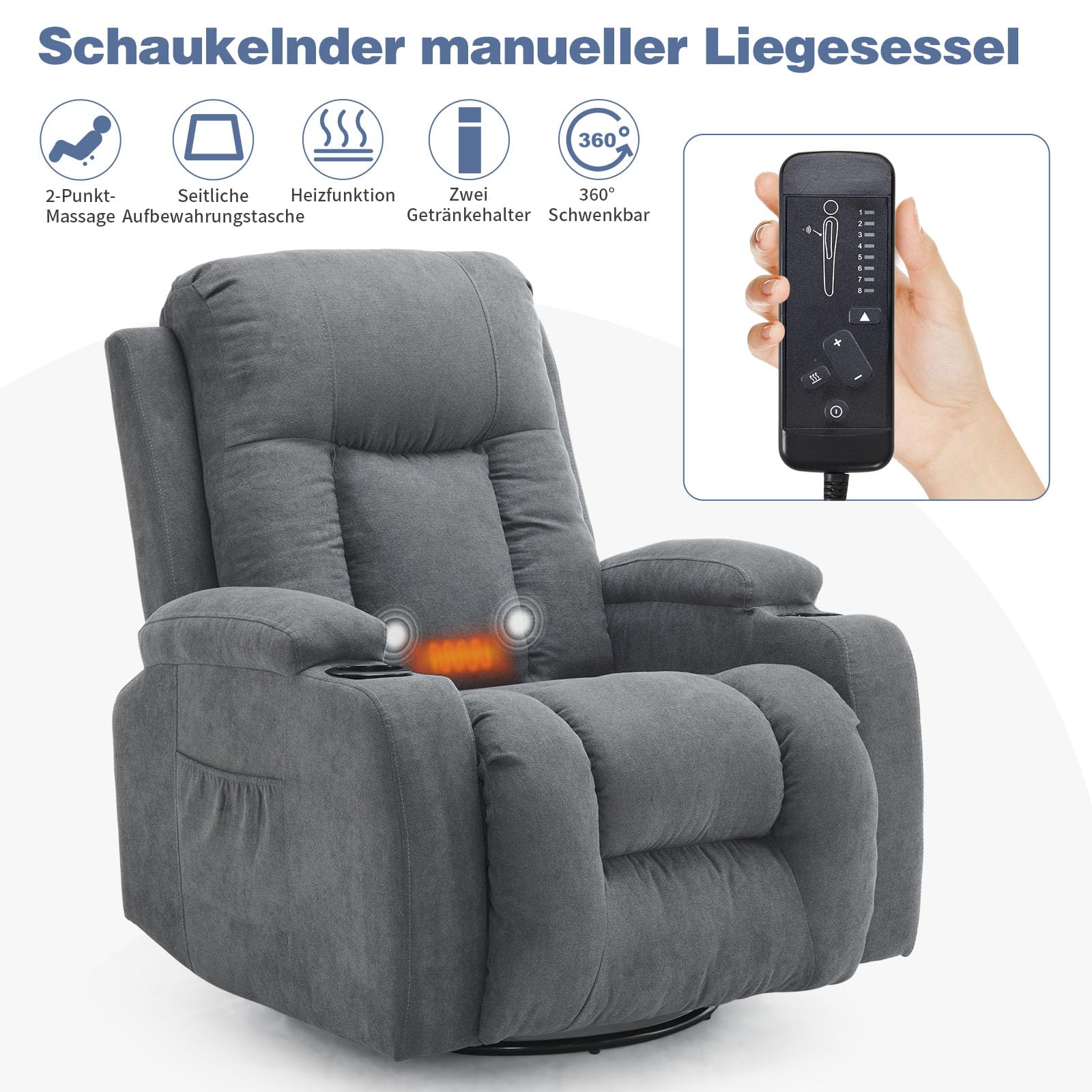 LEADZM poltrona reclinabile Rotazione a 360 gradi Poltrona Relax Con funzione massaggiante e riscaldamento Schienale inclinabile manualmente Grigio scuro