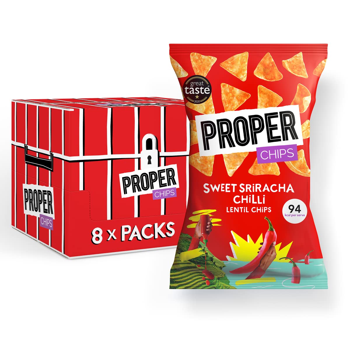 Lentil Chips, Sweet Sriracha Chilli, Vegan, Gluten Free Snacks, Sharing Bags 85g (8 Packs)
