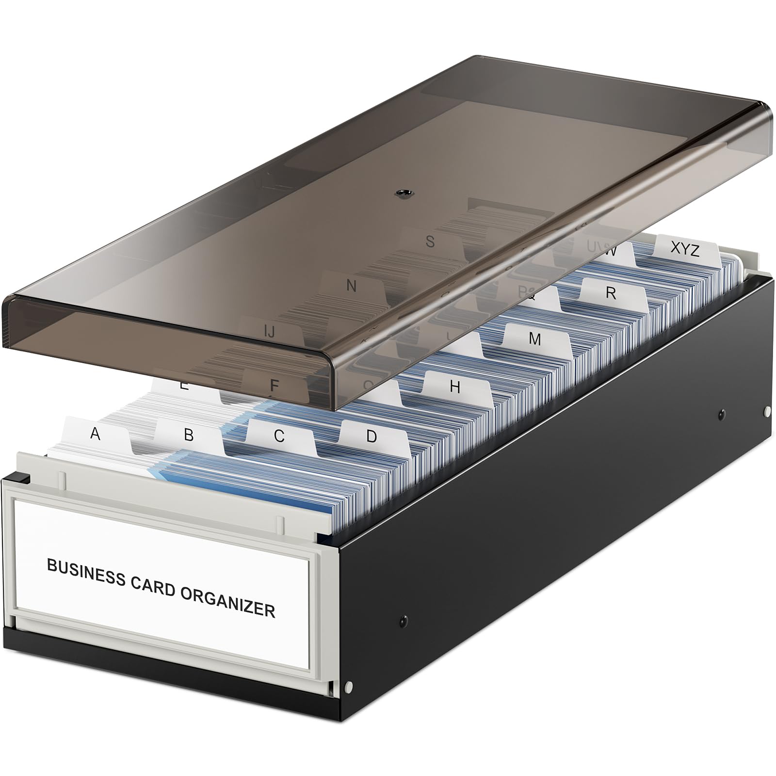 MaxGear Business Card Holder for Desk, Large Plastic Business Card Organizer Box, Credit Cards Holder File Box Storage, Capacity: 800 Cards (3.5β x 2.2β), A-Z Tabs, Metal Structure, Black
