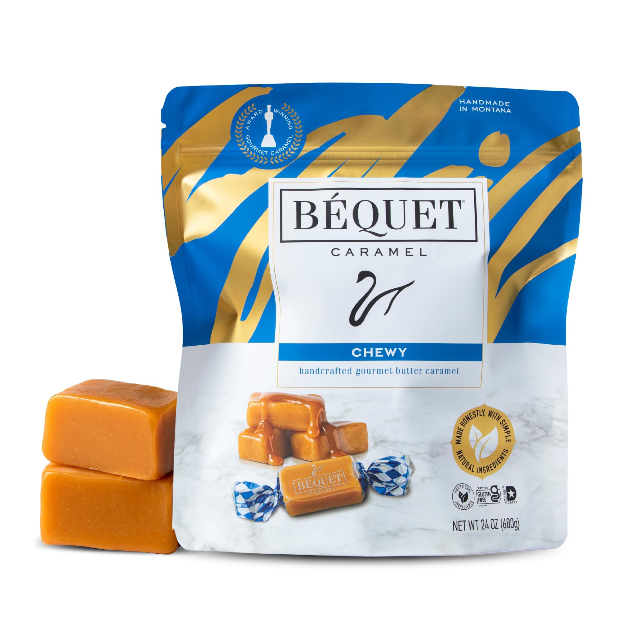 - Béquet Caramel - Chewy - Gourmet Caramel Candy - Caramel Candy Individually Wrapped - Made in Montana - Kosher (Star D) and Gluten Free - 24 oz Resealable Pouch
