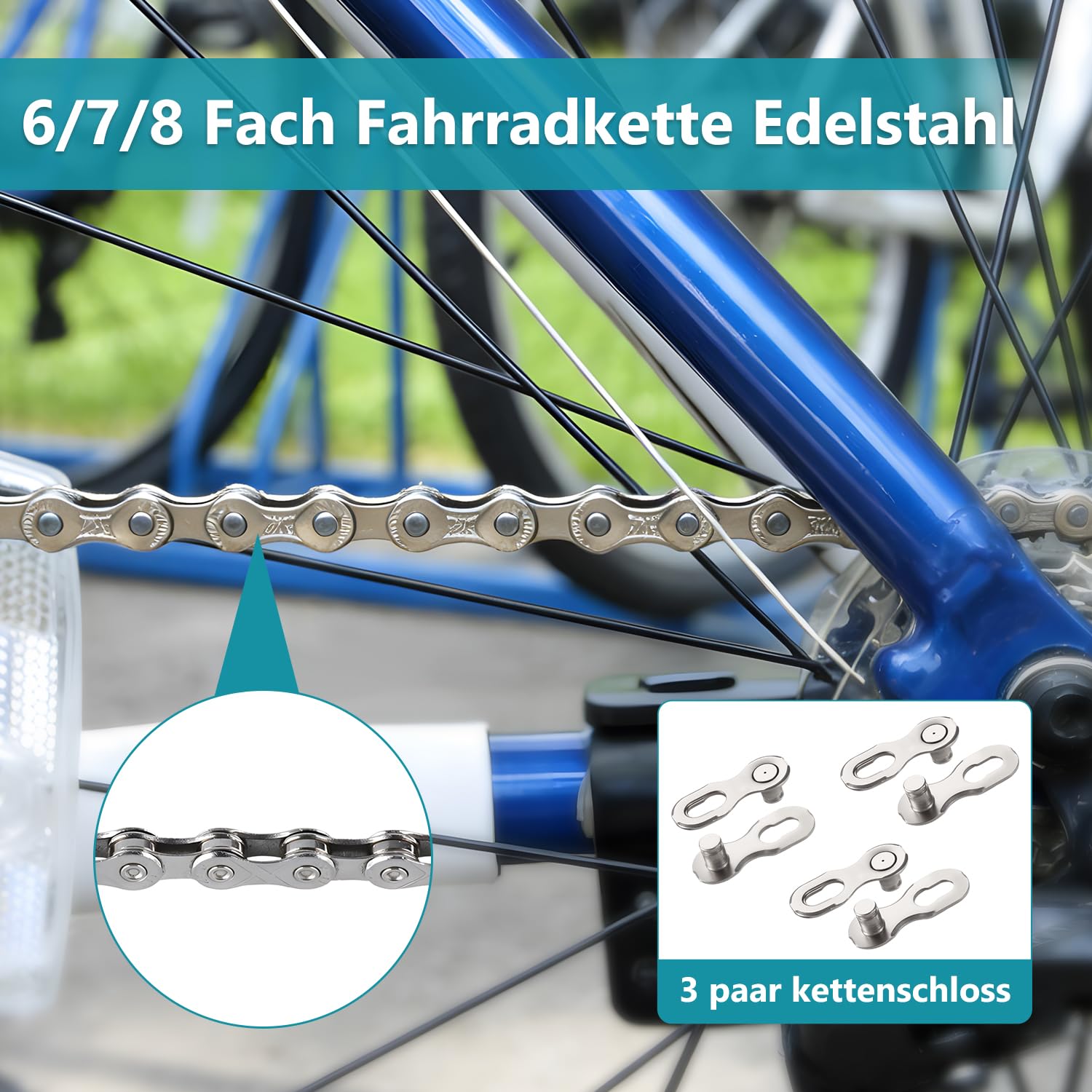 Fahrradkette 6 7 8 Fach Kettennieter 116 Glieder Edelstahl Mountainbike Fahrrad Kette Rennrad MTB Reparatur Werkzeug Neuengang Set mit Kettenschloss Zange Kettenlehre Bike Chain Reinigungsbürste Sport & Freizeit