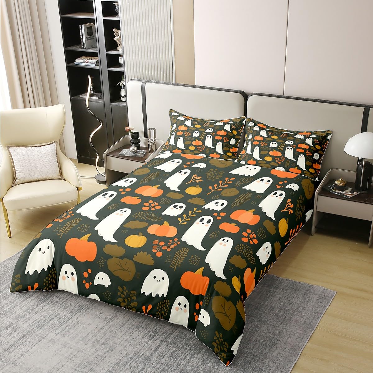 Erosebridal Halloween 100% Cotton Duvet Cover Queen Size, Ghost Pumpkin Farmhouse Soft Comforter Cover, Cute Spooky Printed Kids Teens Cushion Cover for Bed, White Orange Fall Leaves Quilt Cover
