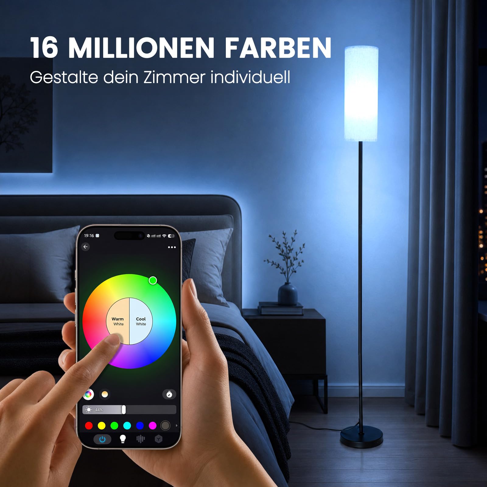 Stehleuchte mit Leinenschirm, 172 cm moderne Stehleuchte mit RGB Smart LED Lampe, Fernbedienung und stufenloser Dimmfunktion für Wohnzimmer, Schlafzimmer, Büro oder Ecke